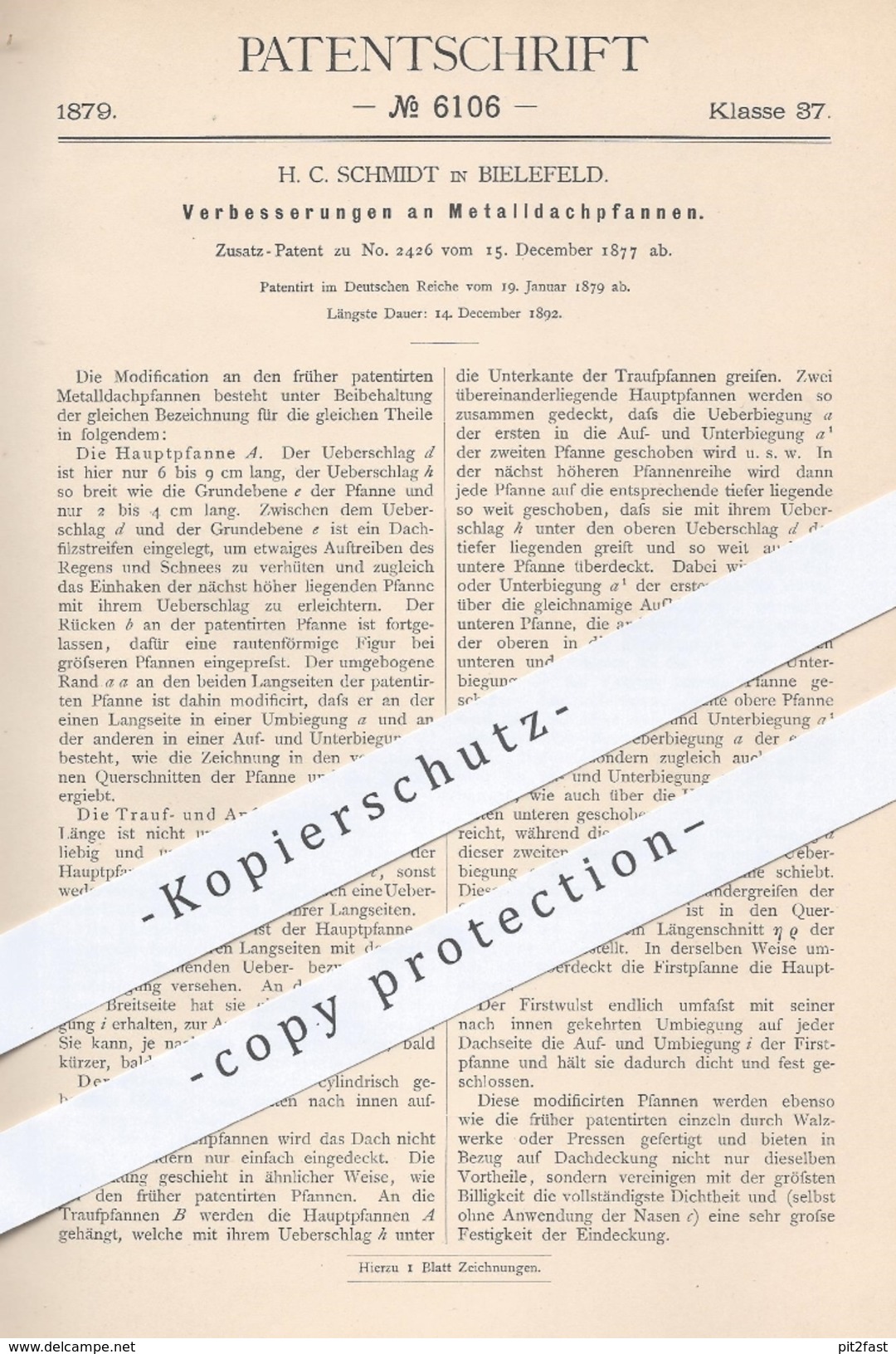 Original Patent - H. C . Schmidt In Bielefeld , 1879 , Metalldachpfannen | Dachpfannen , Dach , Dachdecker , Metall !! - Historische Documenten