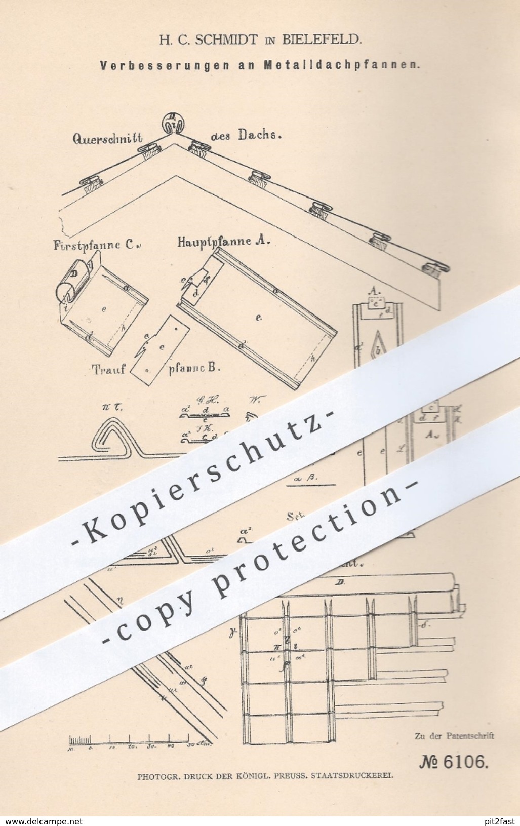 Original Patent - H. C . Schmidt In Bielefeld , 1879 , Metalldachpfannen | Dachpfannen , Dach , Dachdecker , Metall !! - Historische Dokumente