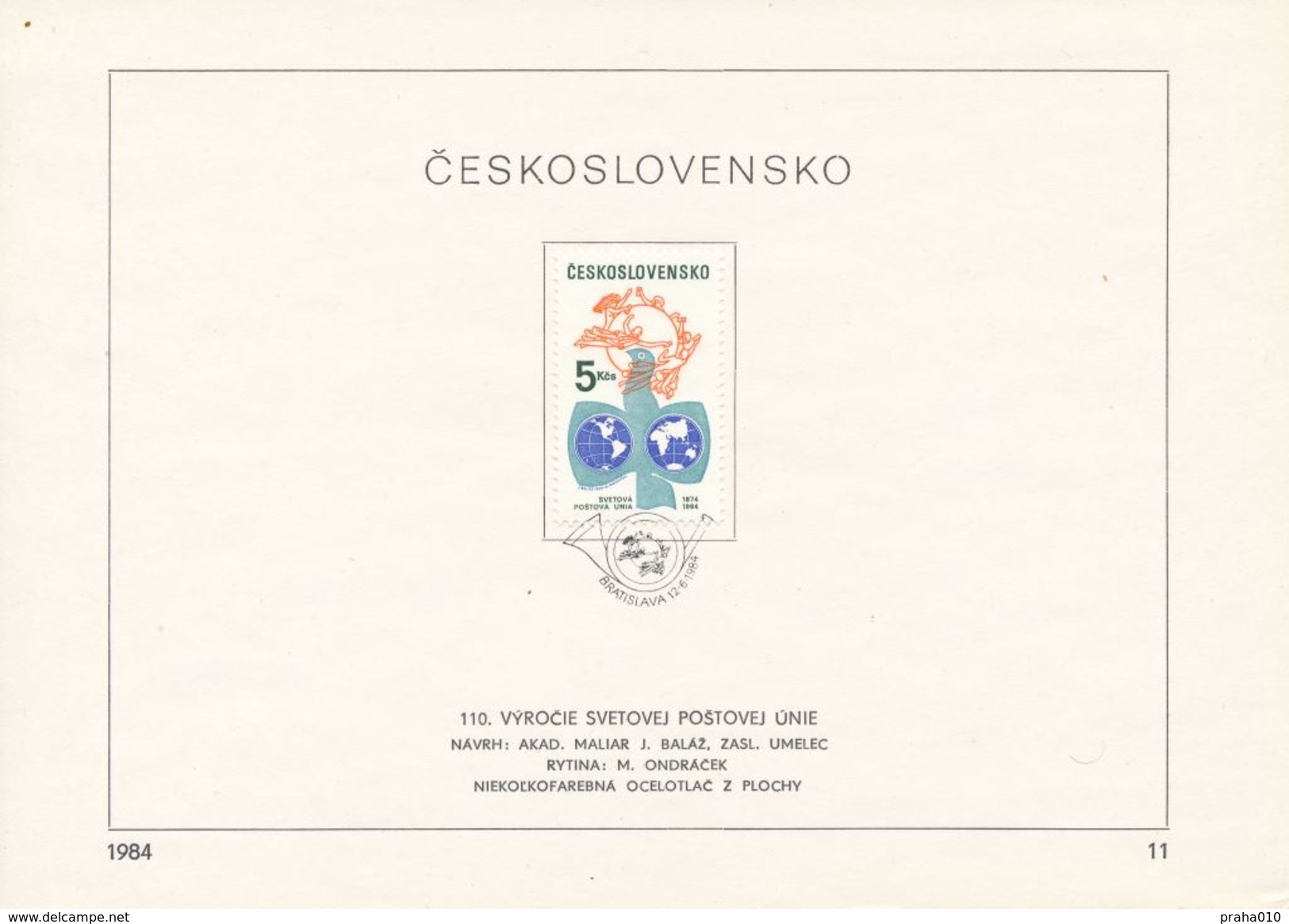 Czechoslovakia / First Day Sheet (1984/11) Bratislava: 110 Anniversary Of UPU (1874-1984); Painter: Jozef Balaz - UPU (Union Postale Universelle)