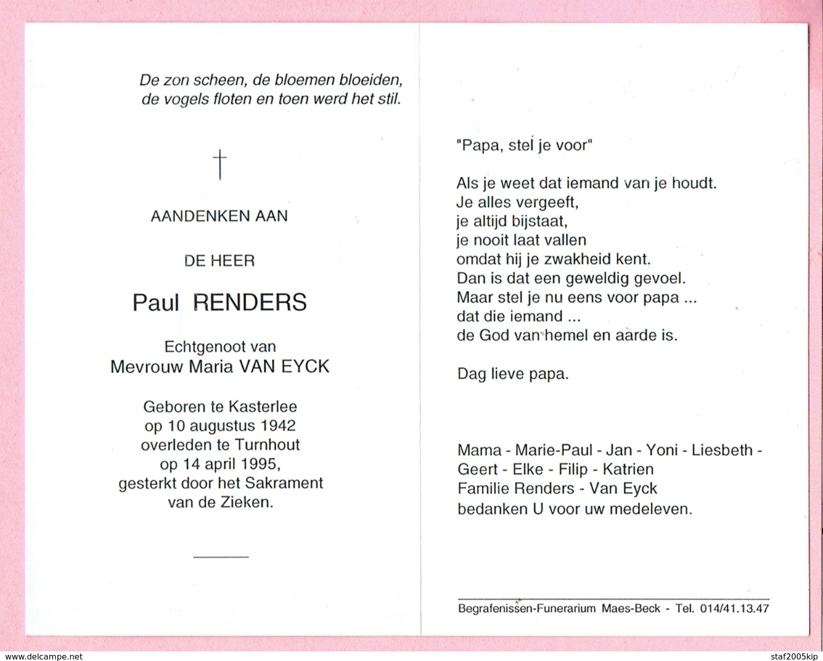 Bidprentje - Paul RENDERS Echtg. Maria VAN EYCK - Kasterlee 1942 - Turnhout 1995 - Santini