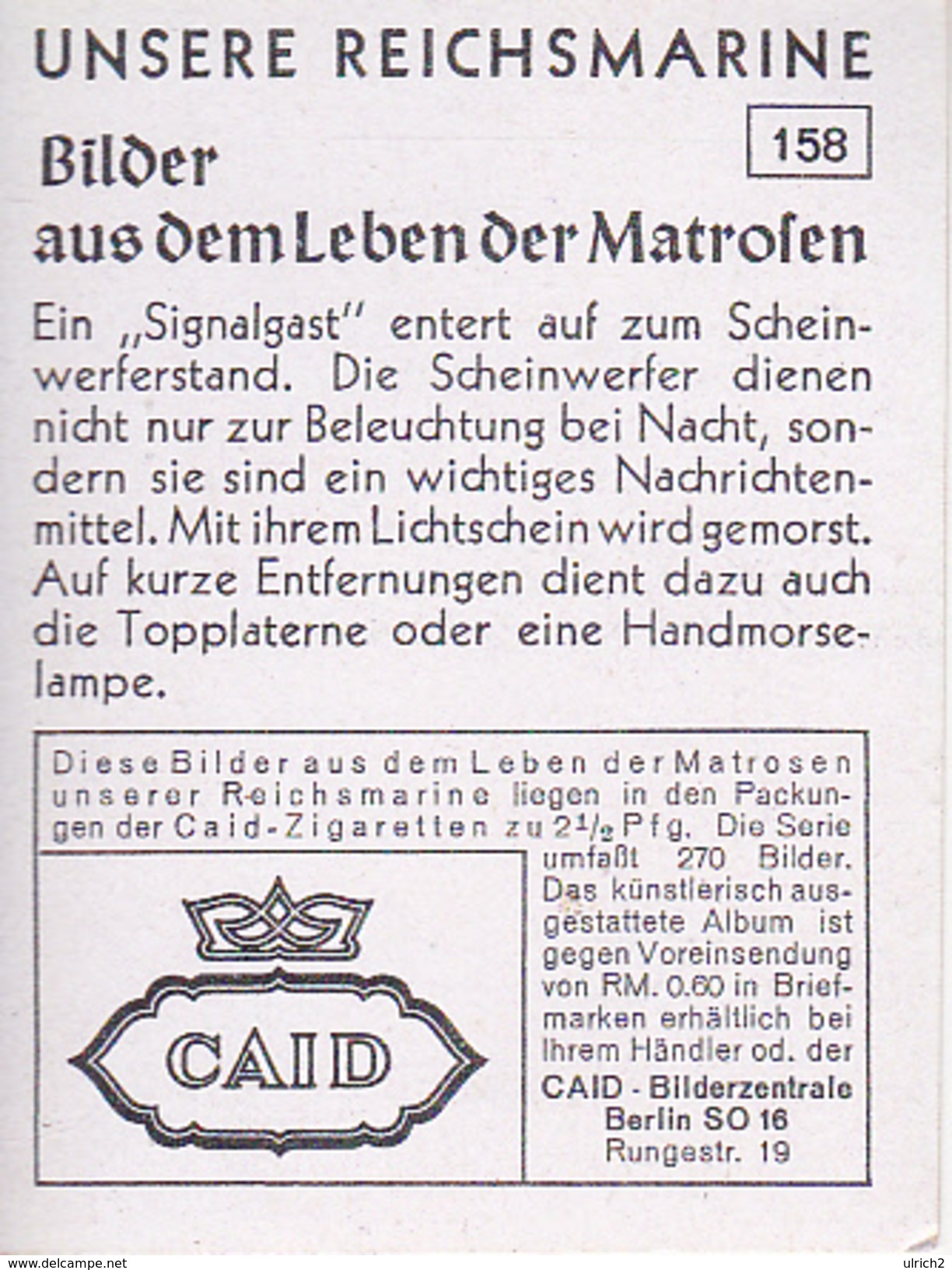 CAID Sammelbild - Unsere Reichsmarine - Signalgast Entert Scheinwerferstand  (26550) - Other & Unclassified