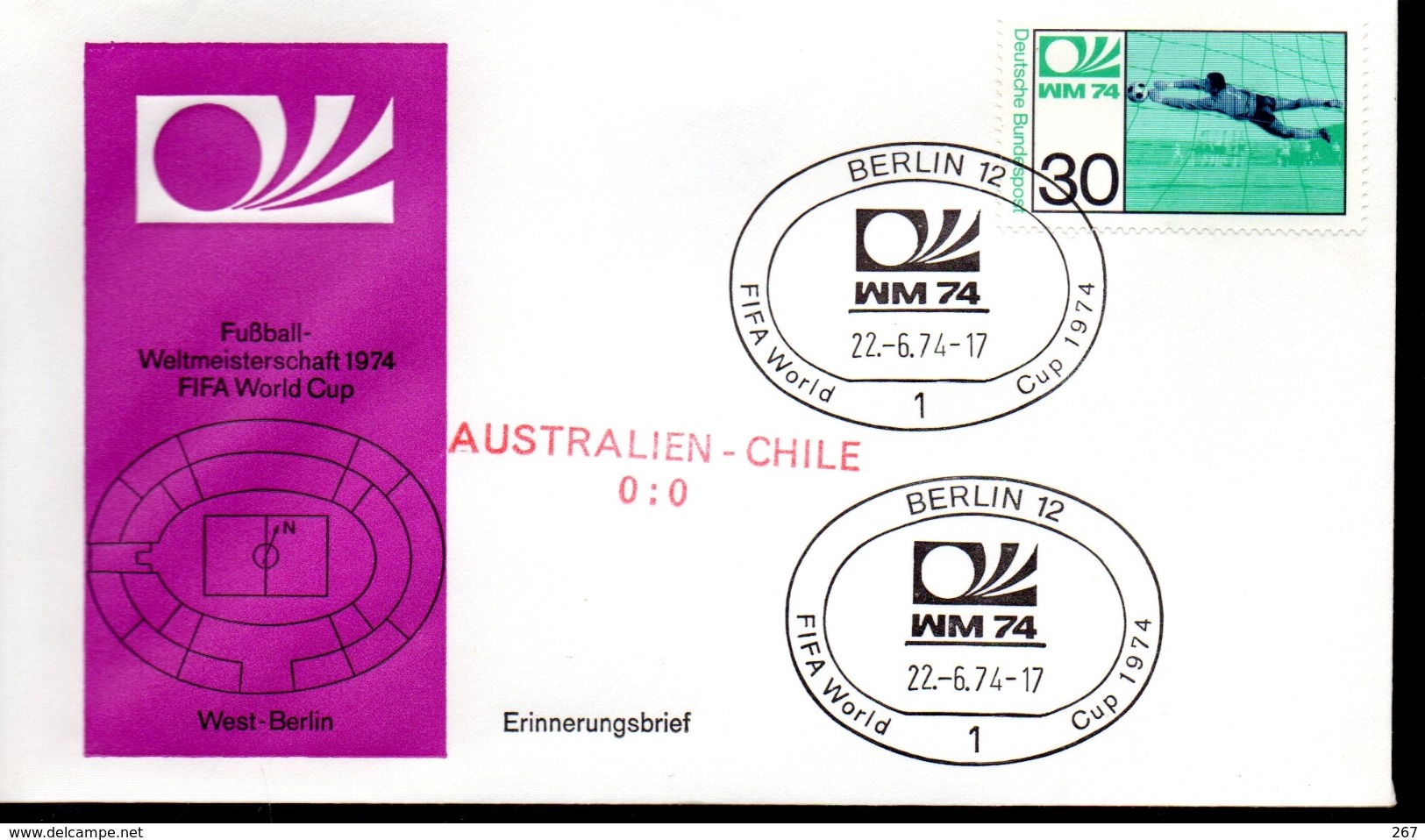 ALLEMAGNE  FDC Cm 1974   Berlin   Australie - Chili  0 - 0    Football  Soccer Fussball - 1974 – Germania Ovest