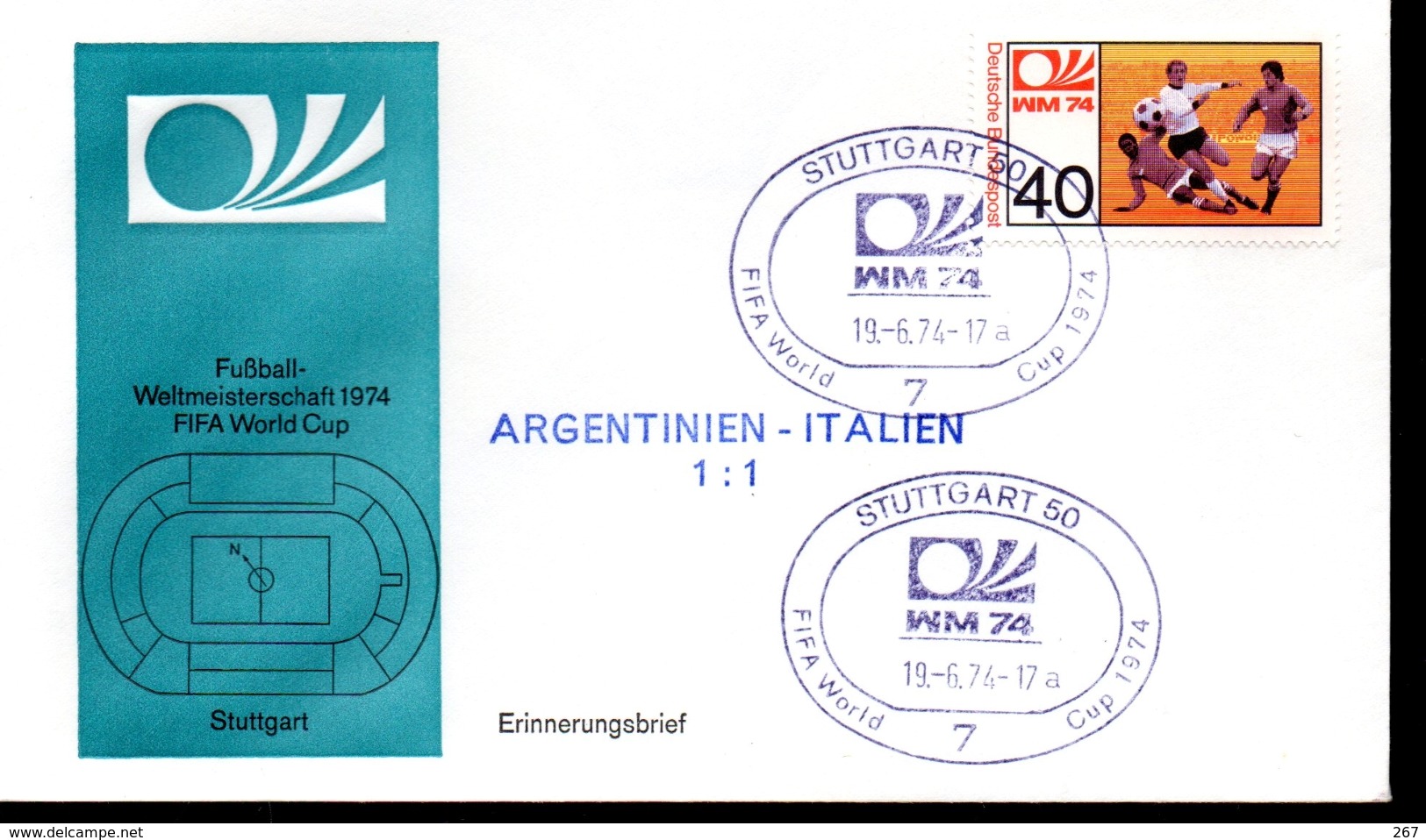 ALLEMAGNE  FDC Cm 1974   Stuttgart      Argentine  - Italie    1 - 1    Football  Soccer Fussball - 1974 – Germania Ovest