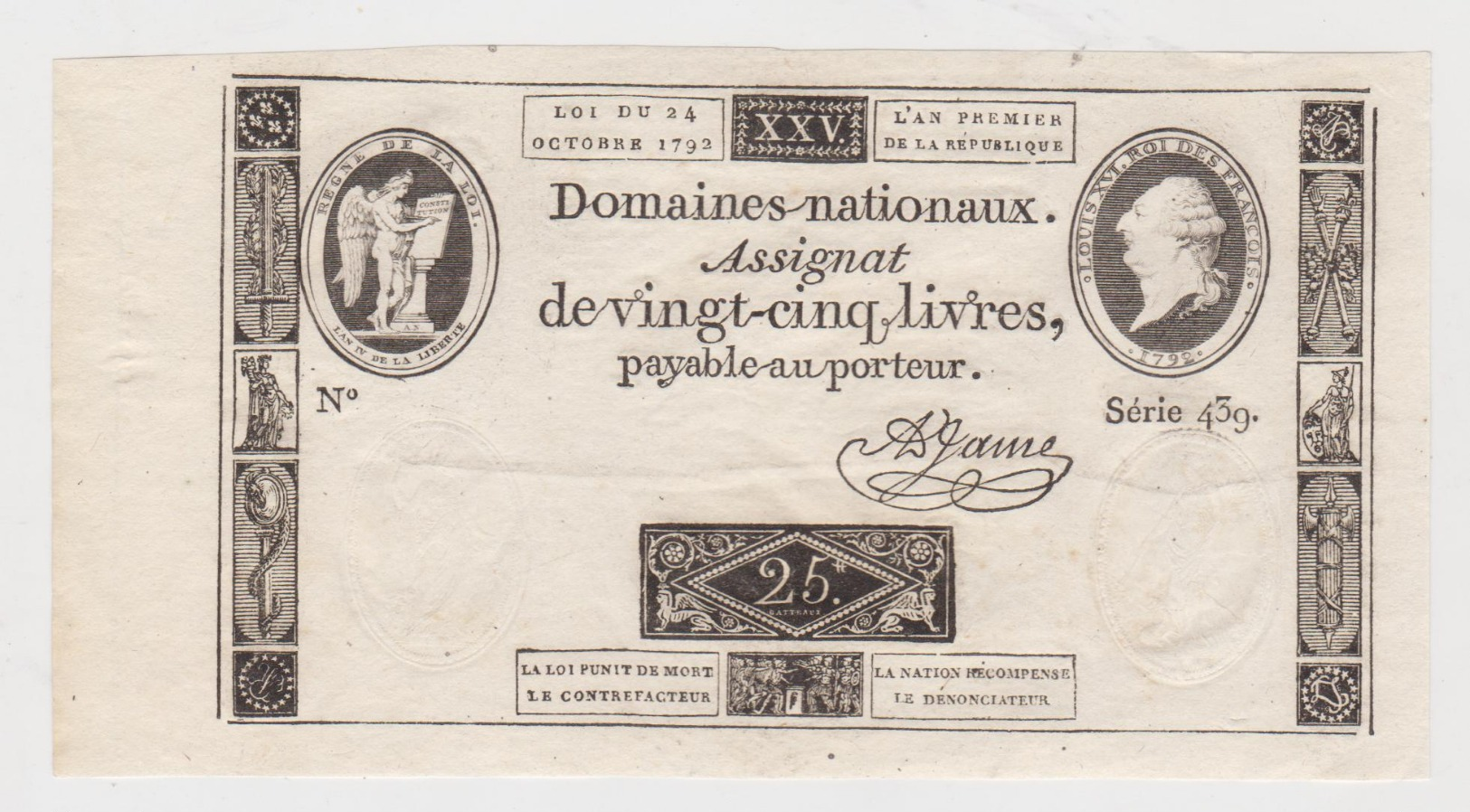 RARE ET BEL ASSIGNAT 25 LIVRES A FACE ROYALE DU 24 OCTOBRE 1792 EN TRES BEL ETAT SERIE 439 GRANDES MARGES - Assignats & Mandats Territoriaux