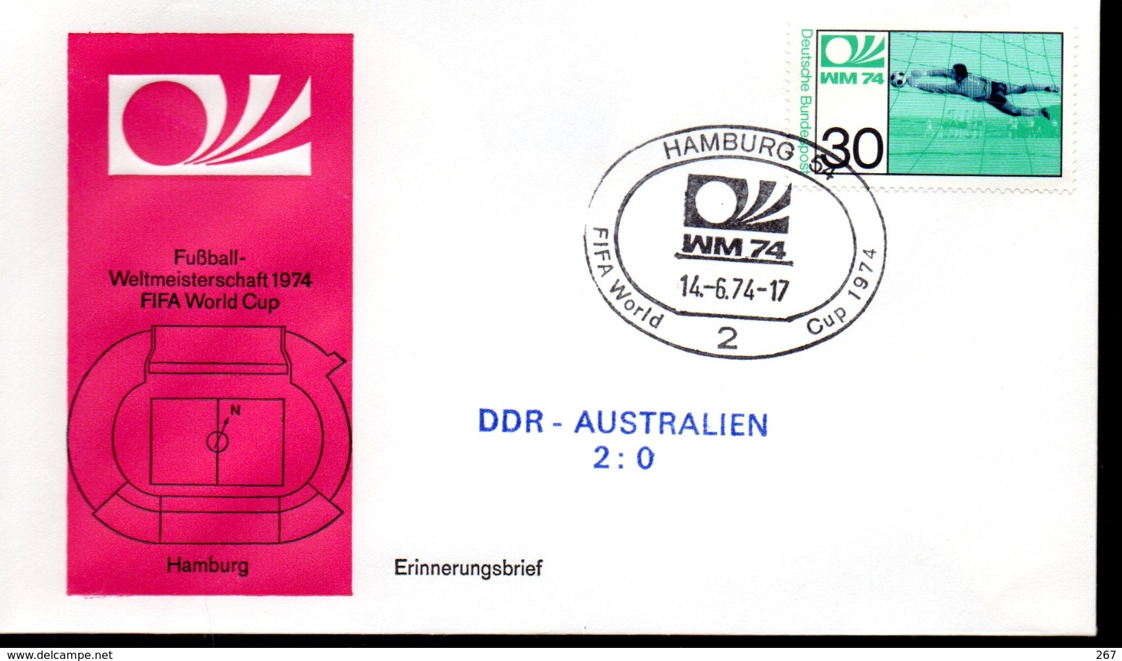 ALLEMAGNE  FDC Cm 1974  Hamburg   DDR - Australie   2 - 0    Football  Soccer Fussball - 1974 – Germania Ovest