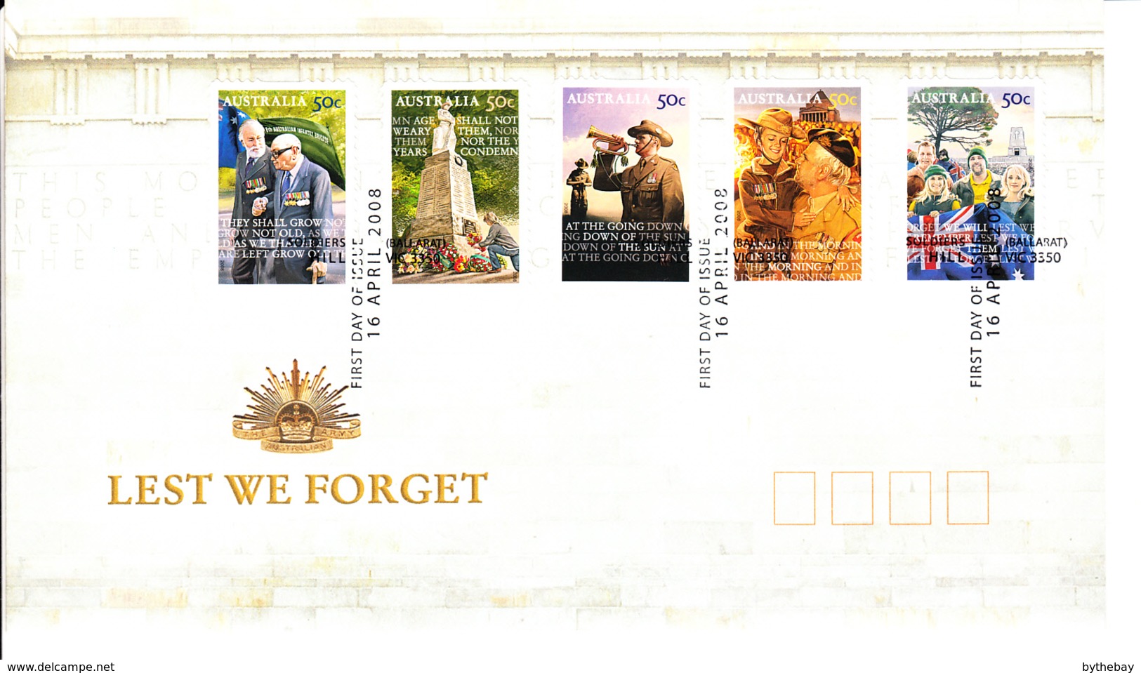 Australia FDC 2008 Scott #2859-#2863 Set Of 5 50c Lest We Forget P&S - ANZAC Day - Militaria