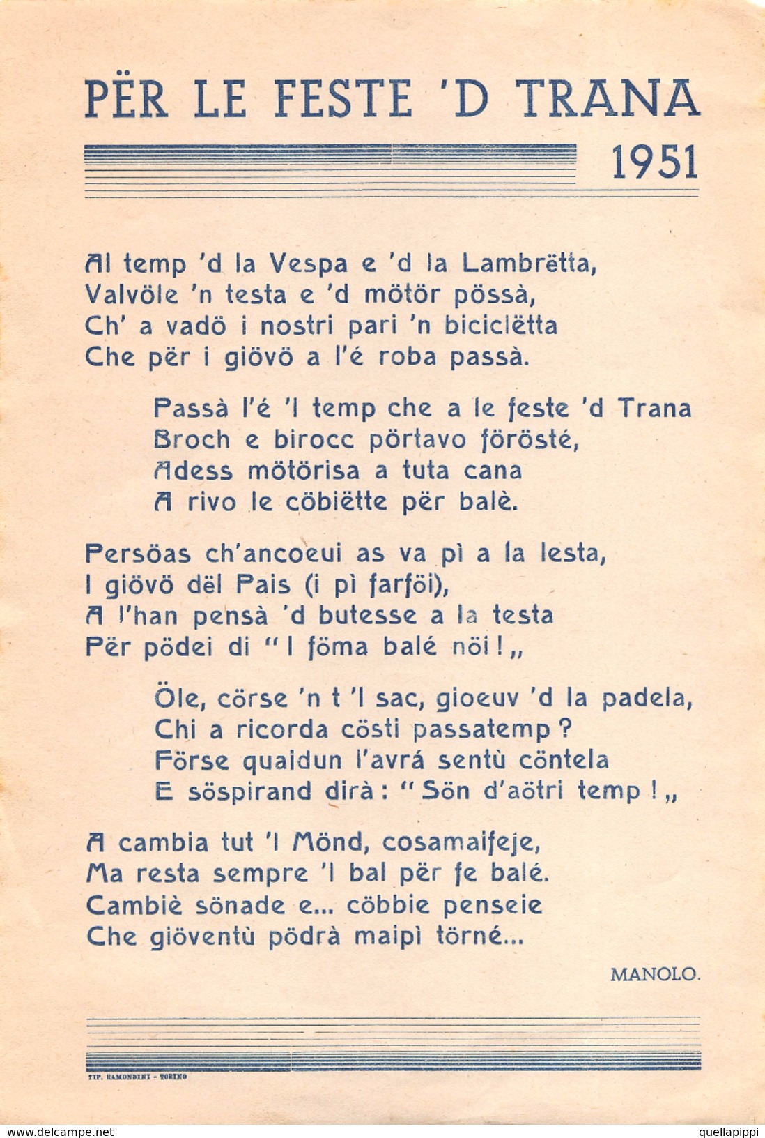 05212 "(TO) PER LE FESTE 'D TRANA 1951 - CANZONE AL TEMP 'D LA VESPA E 'D LA LAMBRETTA DI MANOLO" - Manifesti