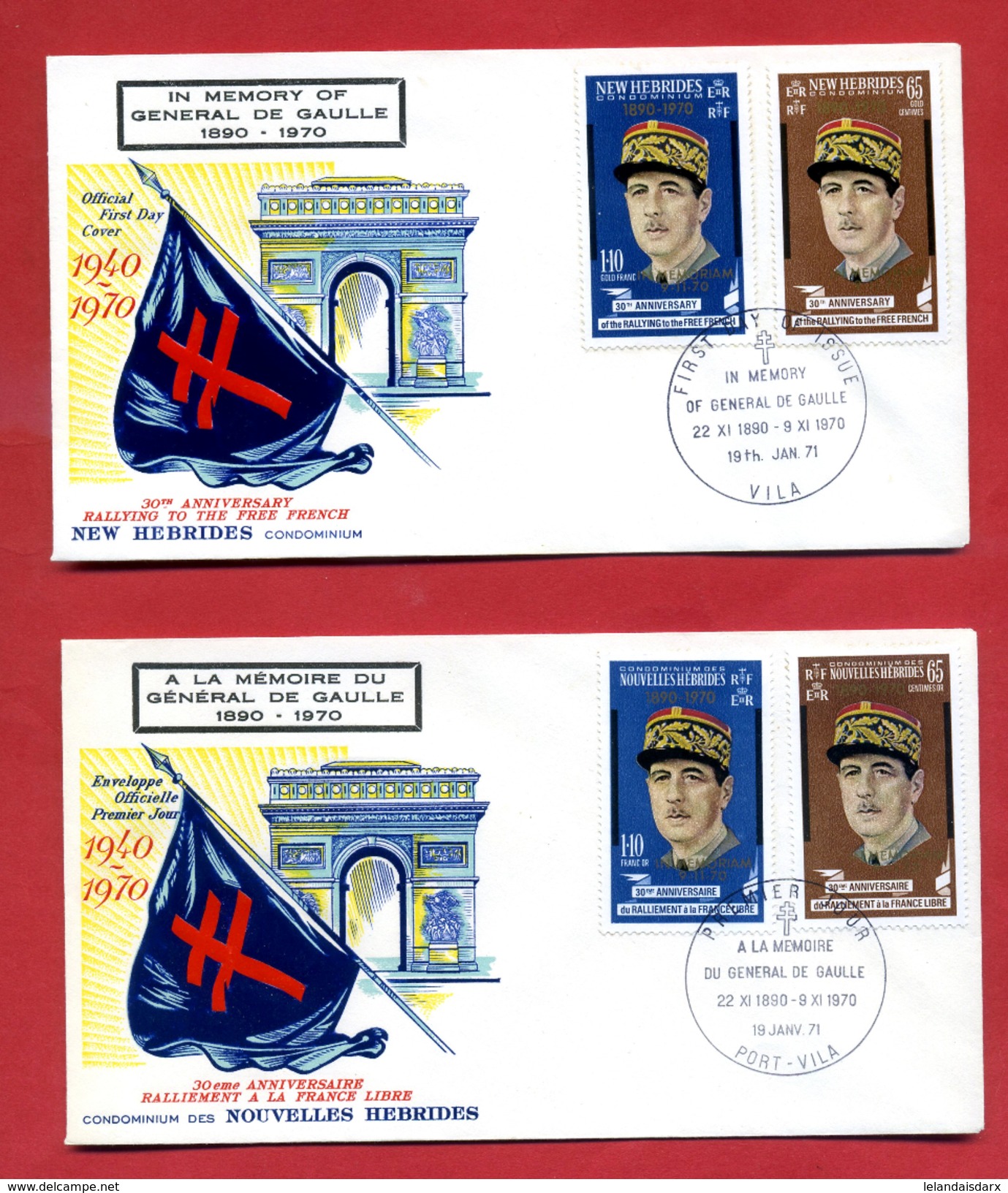 Hommage Général De Gaulle 2 Enveloppes 1er Jour  Cachet Vila , Port Vila  YT 294/297 - 1970-1979