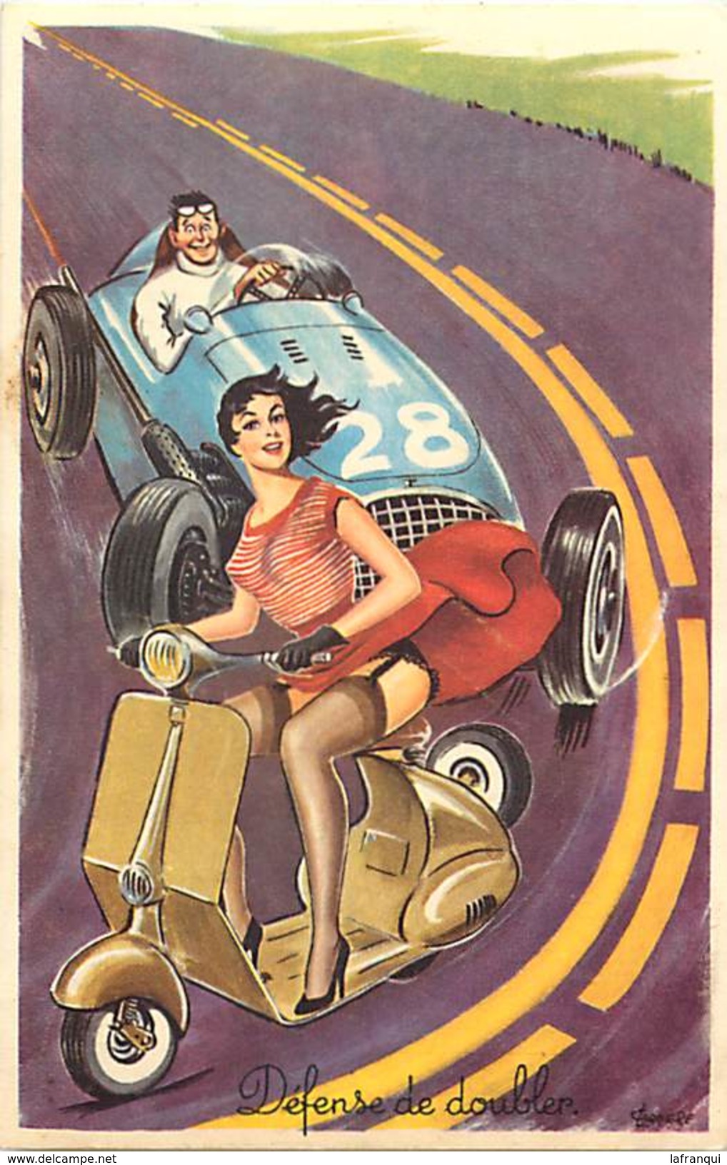 Ref N710 -illustrateur Louis Carriere -humour -pin Up -transports -scooters - Scooter Et Voiture De Course  - - Autres & Non Classés