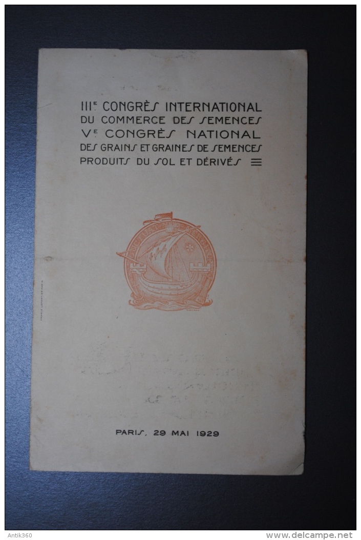 Ancien Menu 3ème Congrès International Du Commerce De Semences Paris 1929 Hôtel Continental - Menükarten