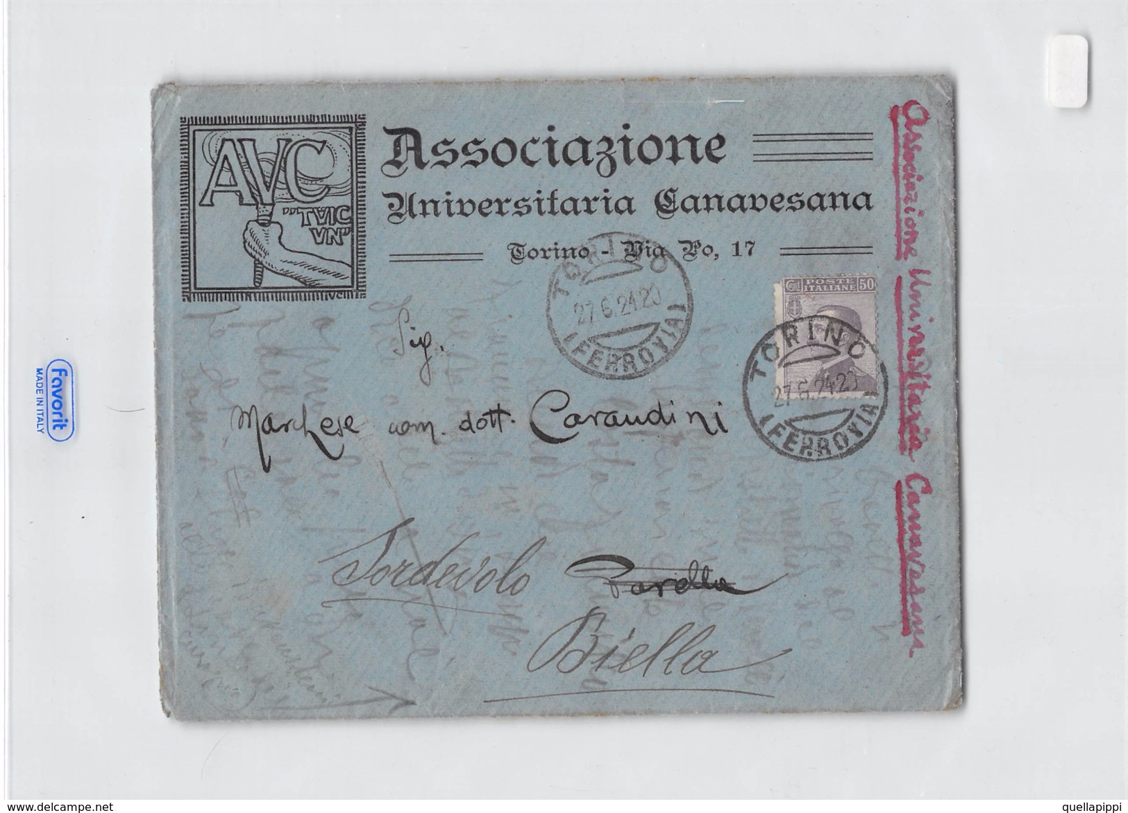 05236 "BUSTA - ASSOCIAZIONE UNIVERSITARIA CANAVESANA - TORINO INDIRIZZATA A BIELLA MARCHESE COVANDINI 27/06/1924" - Pubblicitari