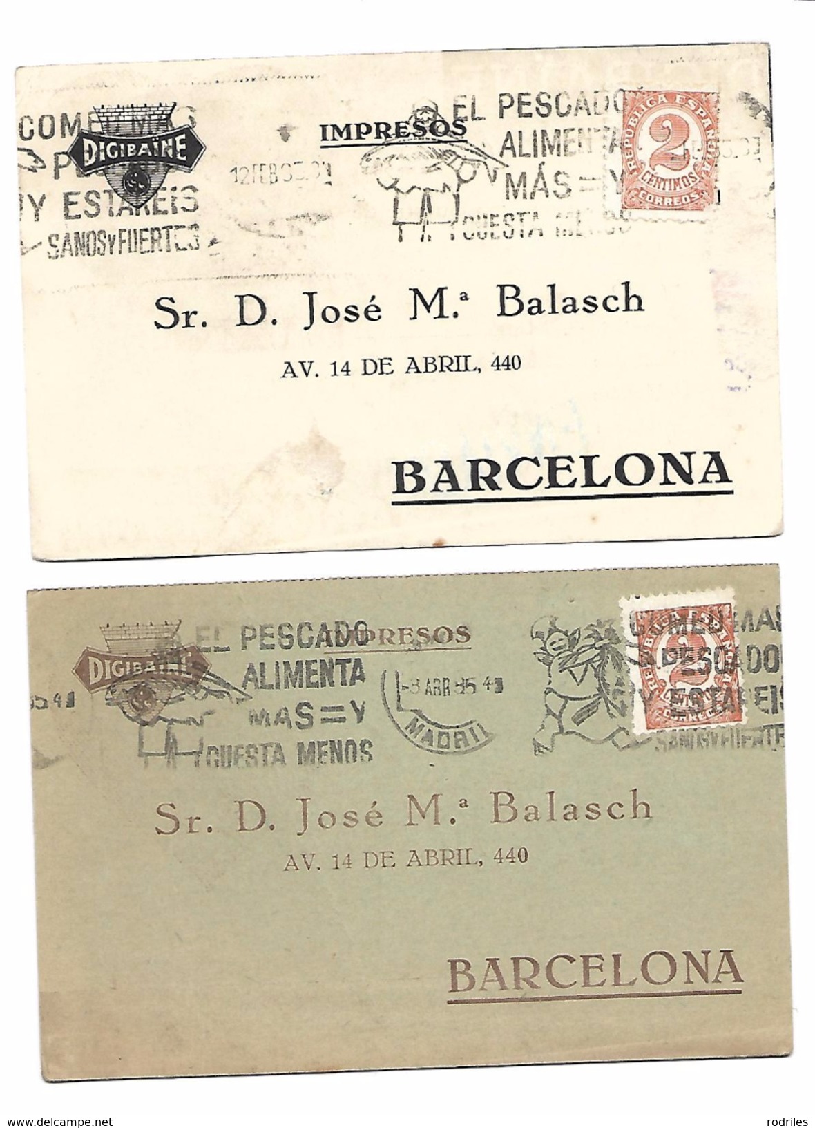 España. 2 Postales Dirigidas Desde Madrid A Barcelona Con Publicidad Impresa - Cartas & Documentos