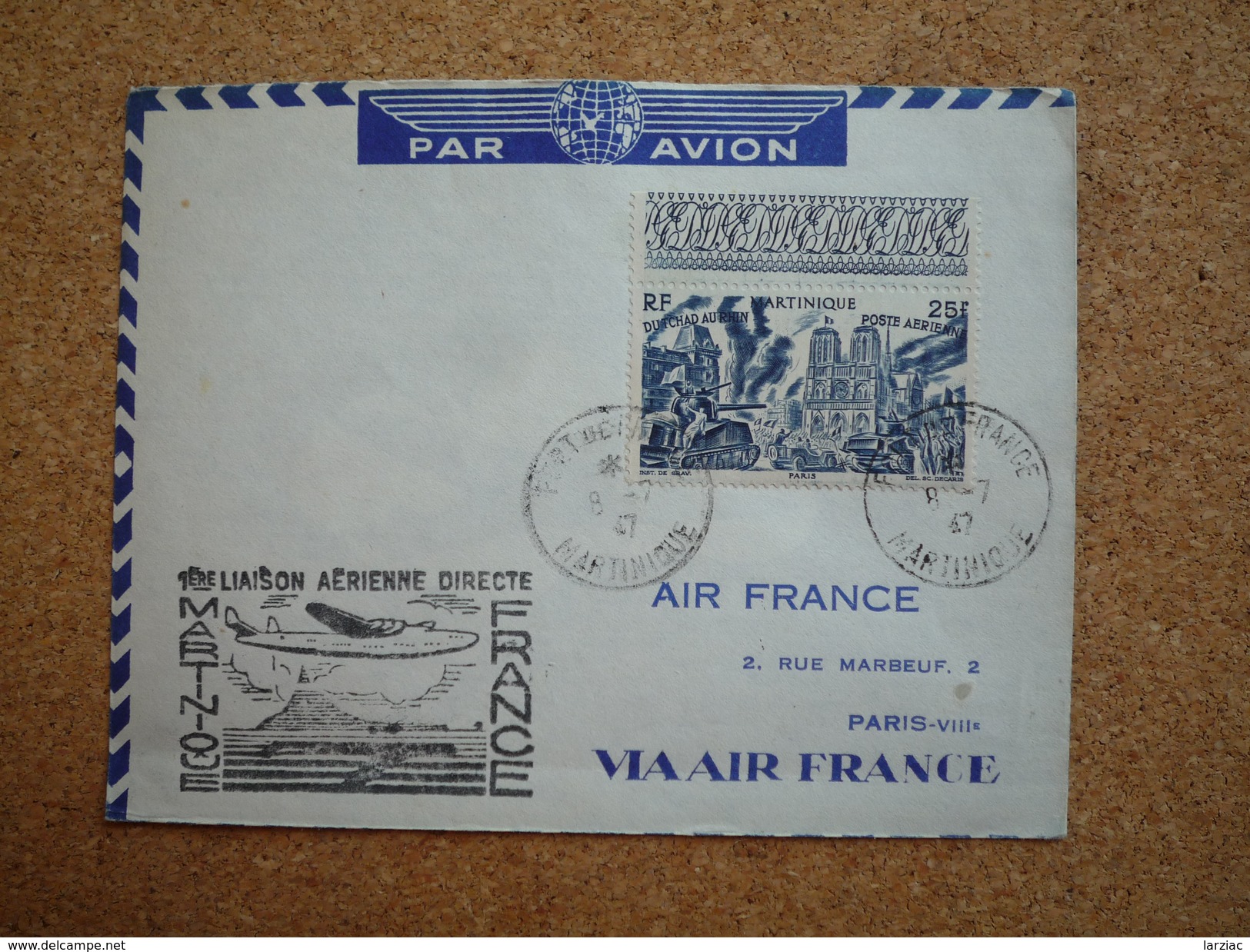 Enveloppe Affranchissement Martinique Poste Aérienne Oblitération Fort De France 1ère Liaison Air France 1947 - Poste Aérienne