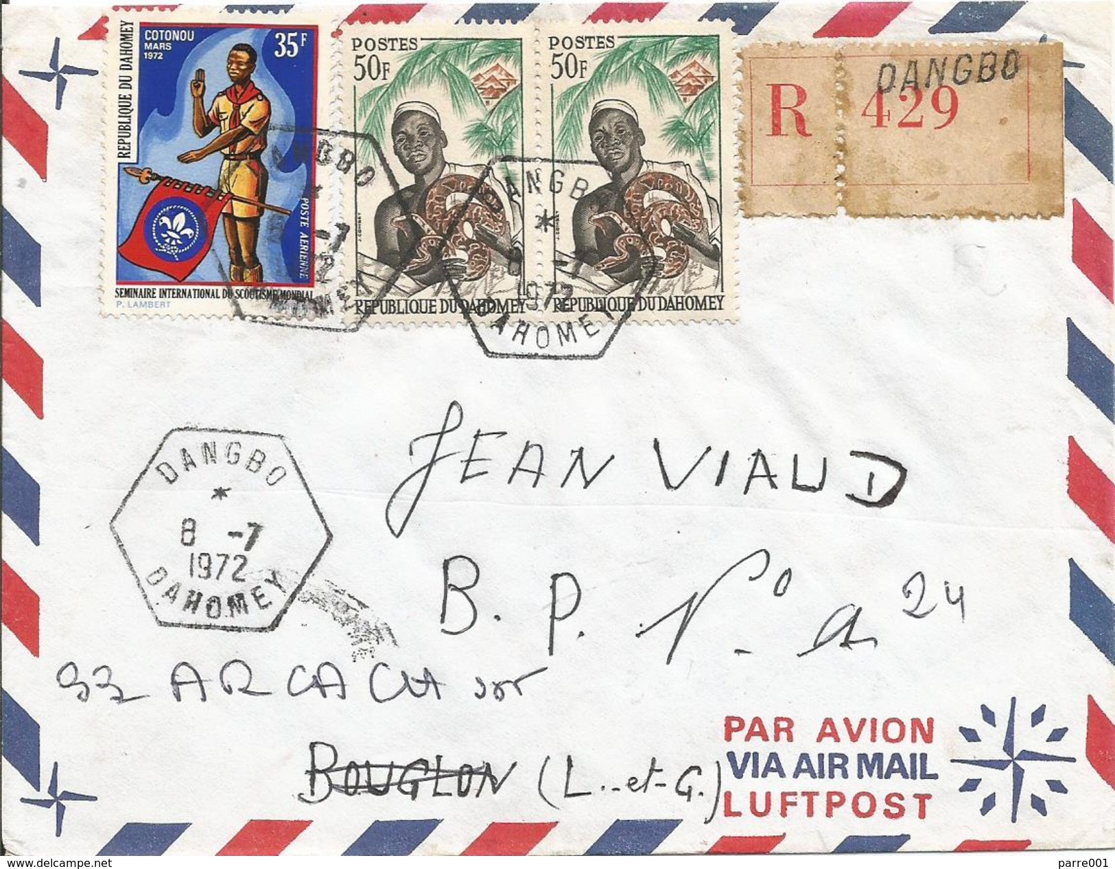 Benin Dahomey 1972 Dangbo Hexagonal Scouting Snake Registered Cover - Benin – Dahomey (1960-...)