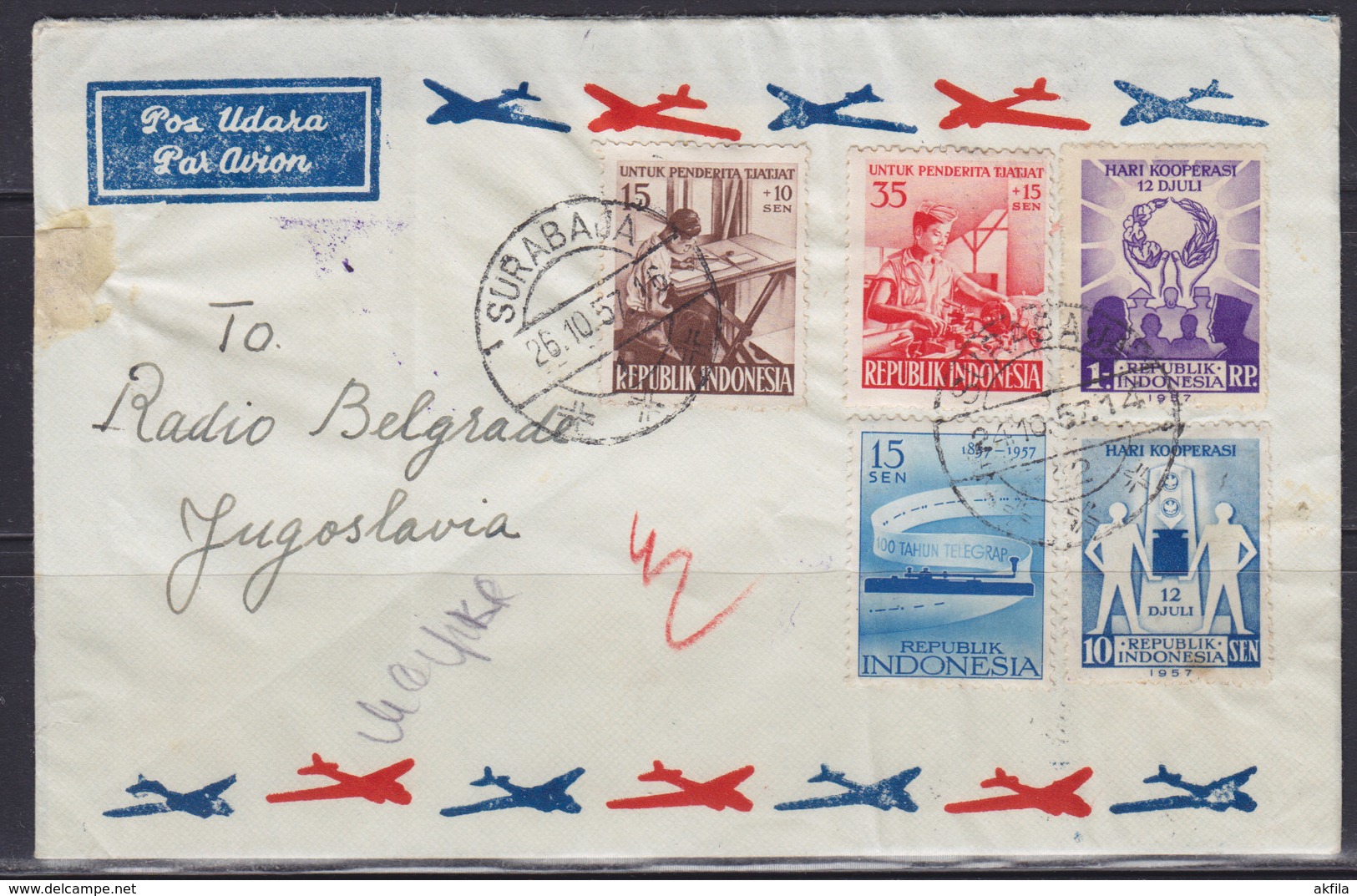 Indonesia 26.X.1957 Airmail Letter From Surabaja To Beograd (YU) - Indonésie