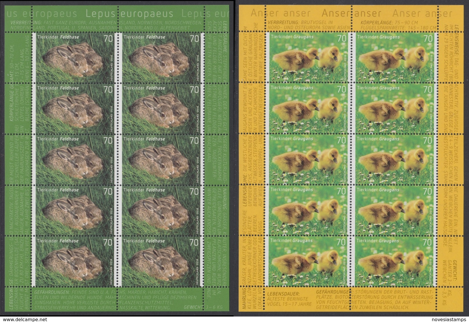 !a! GERMANY 2016 Mi. 3217-3218 MNH SET Of 2 SHEETS(10 Each) - Animal Babies - 2011-2020