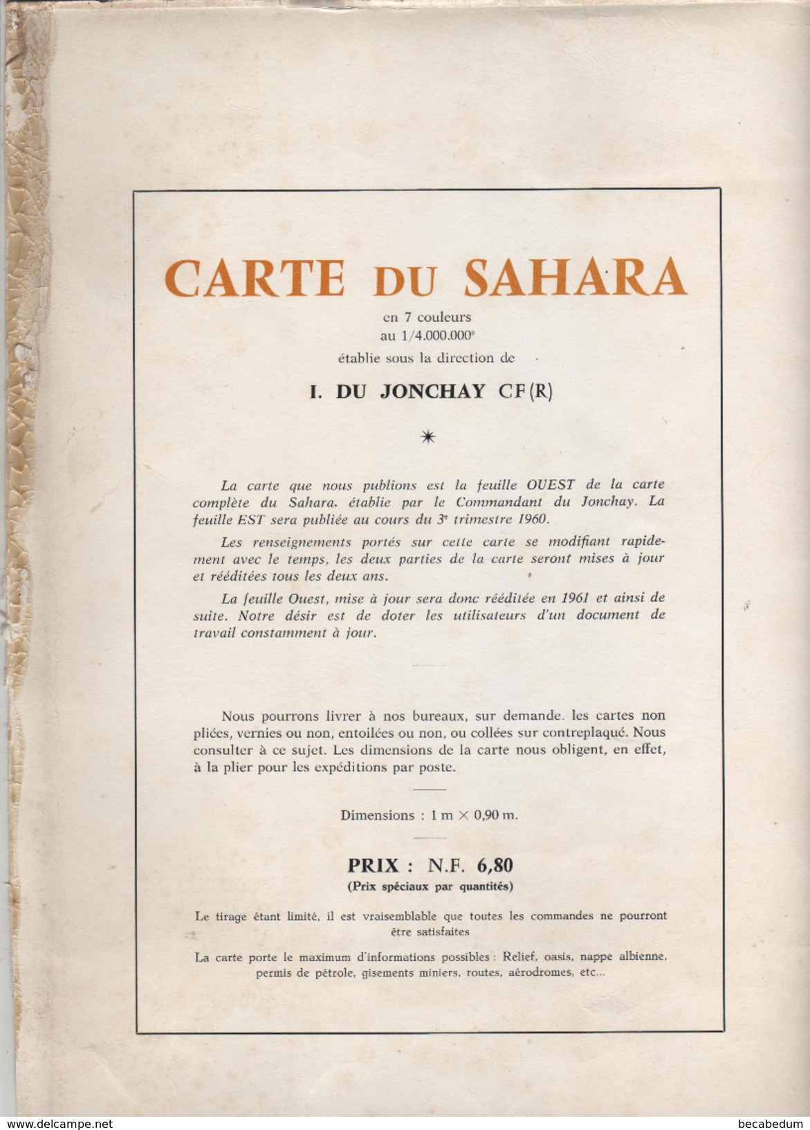 Carte Sahara Du Jonchay Feuille Ouest Communications Sociétés Pétrolières Orographie Gisements 1959 Document RARE - Andere & Zonder Classificatie