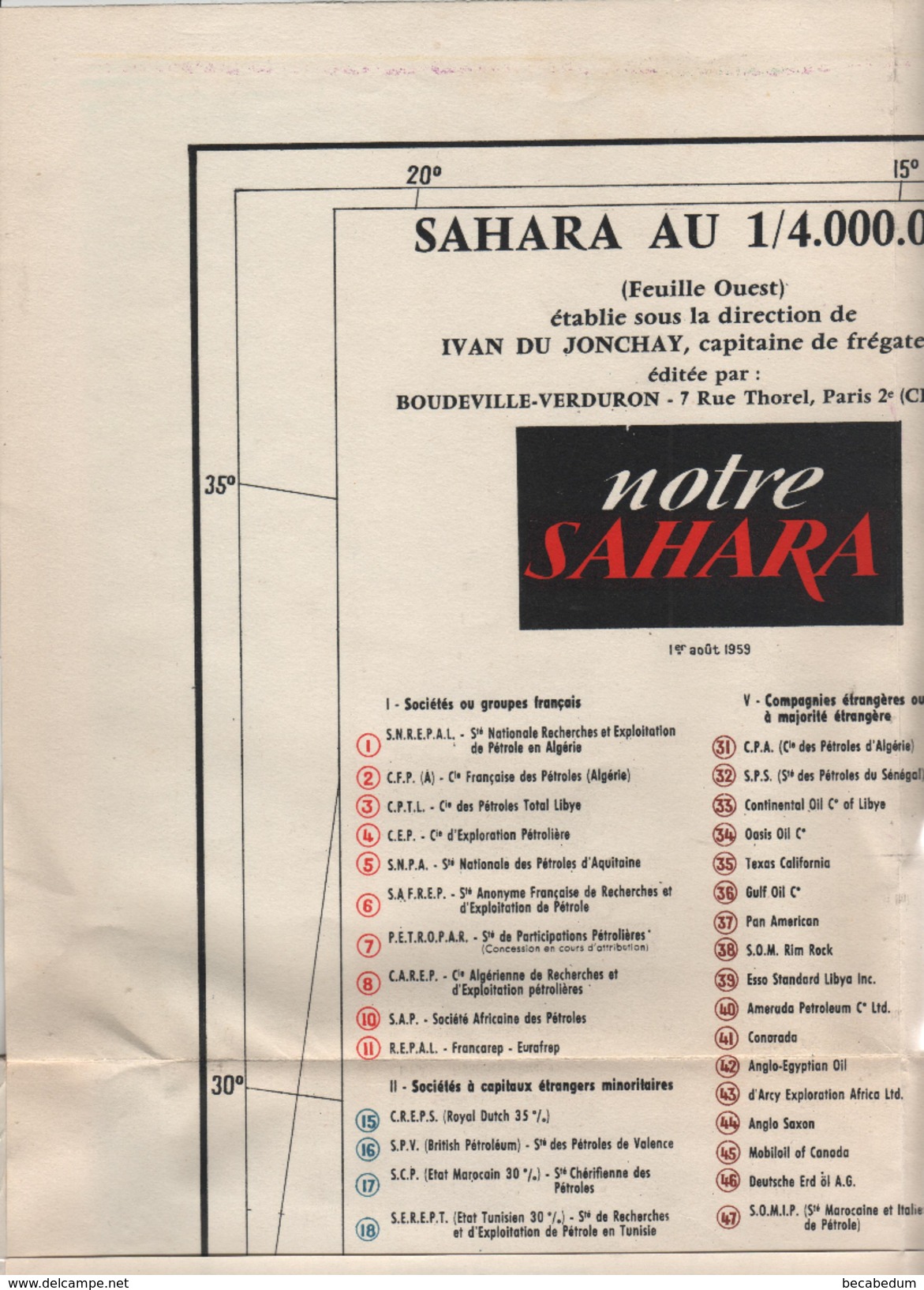 Carte Sahara Du Jonchay Feuille Ouest Communications Sociétés Pétrolières Orographie Gisements 1959 Document RARE - Sonstige & Ohne Zuordnung