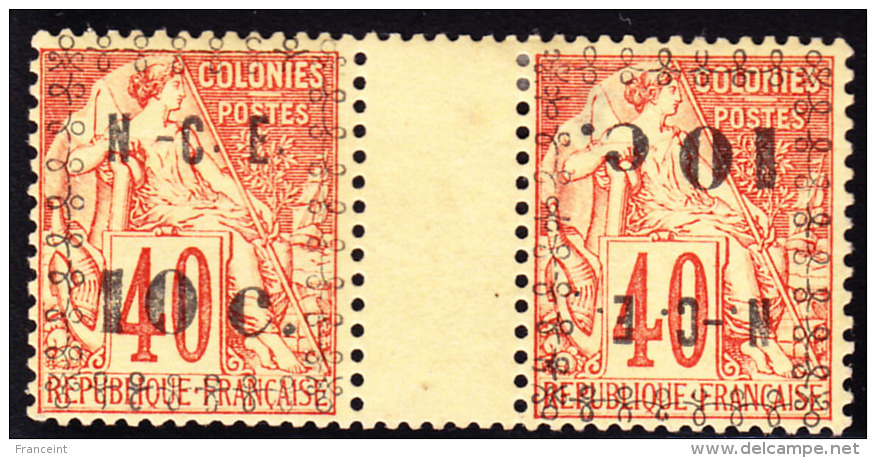 New Caledonia 1892 10c On 40c Gutter Pair, One With Inverted Surcharge. Scott 13a. MH On Right Stamp. - Unused Stamps