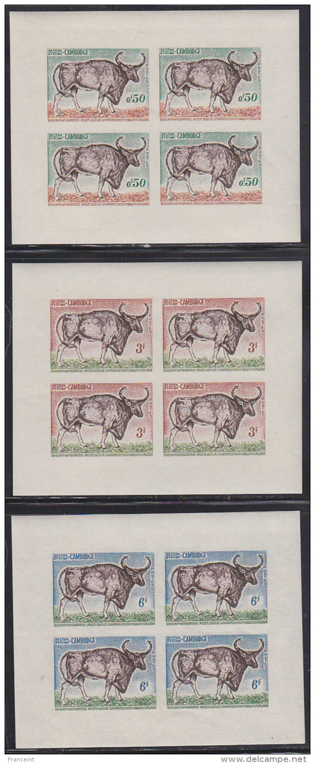 Cambodia 1964 Kouprey. Set Of 3 Imperforate Minisheets Of 4. Scott 129-131. Yvert 14-6. - Cambodia