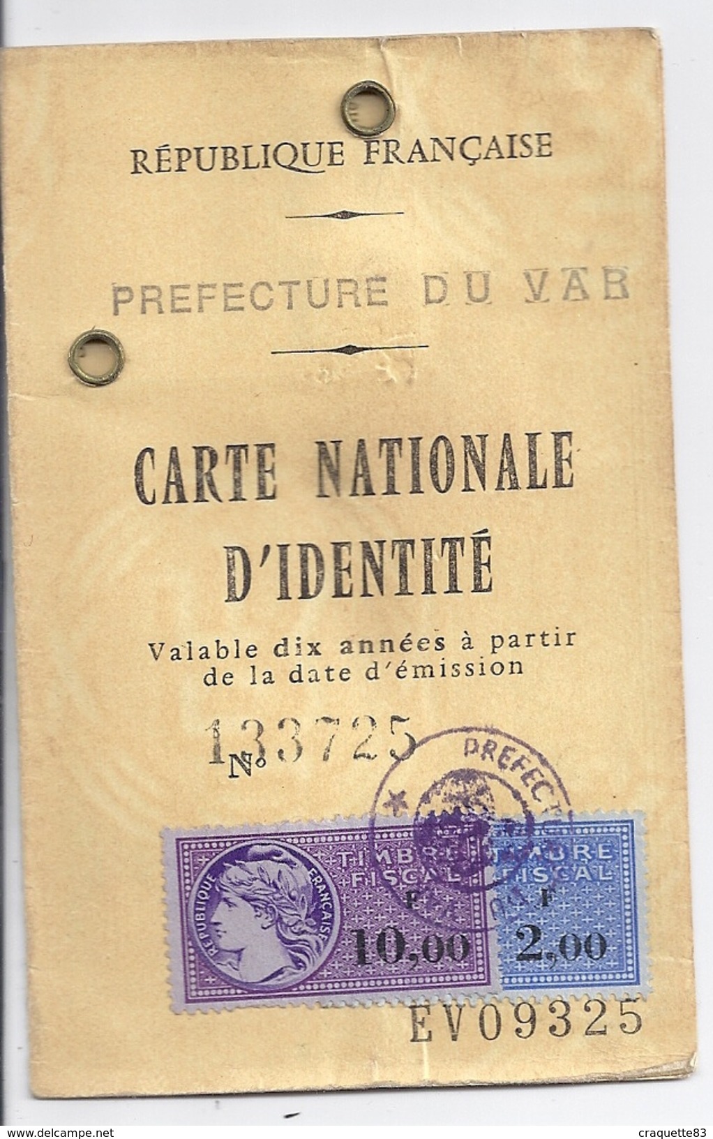 CARTE D'IDENTITE FRANCAISE  DOMICILE PLAN DE LA TOUR  VAR 1974 - Autres & Non Classés