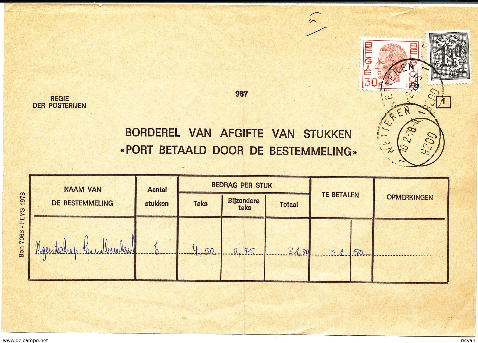 1978 BORDEREL AFGIFTE VAN STUKKEN "PORT BETAALD DOOR DE BESTEMMELING" - Post Office Leaflets