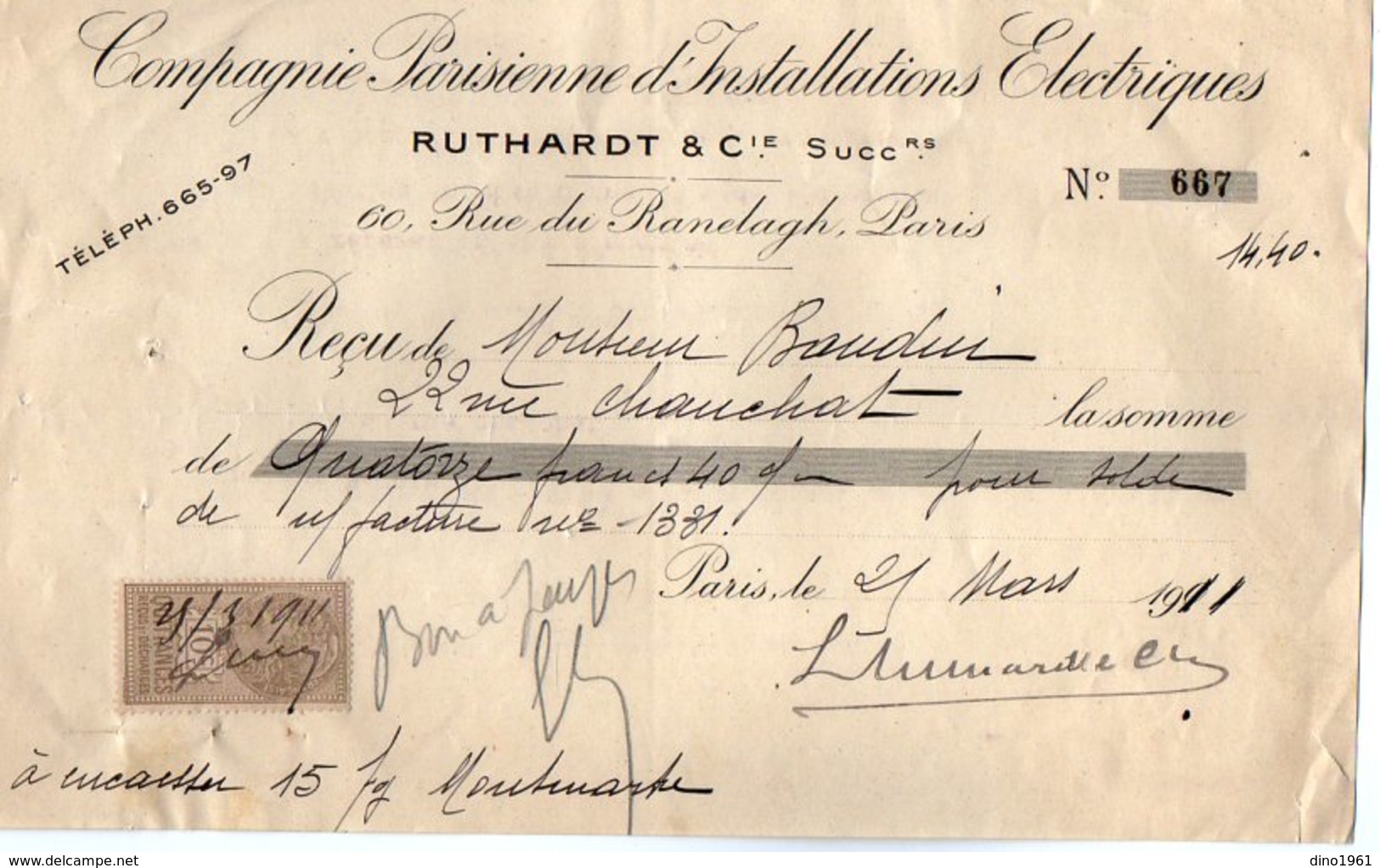 VP7179 - Reçu De La Cie Parisienne D'Installations Electrique RUTHARDT & Cie à PARIS Rue Du Ranelagh - Electricité & Gaz