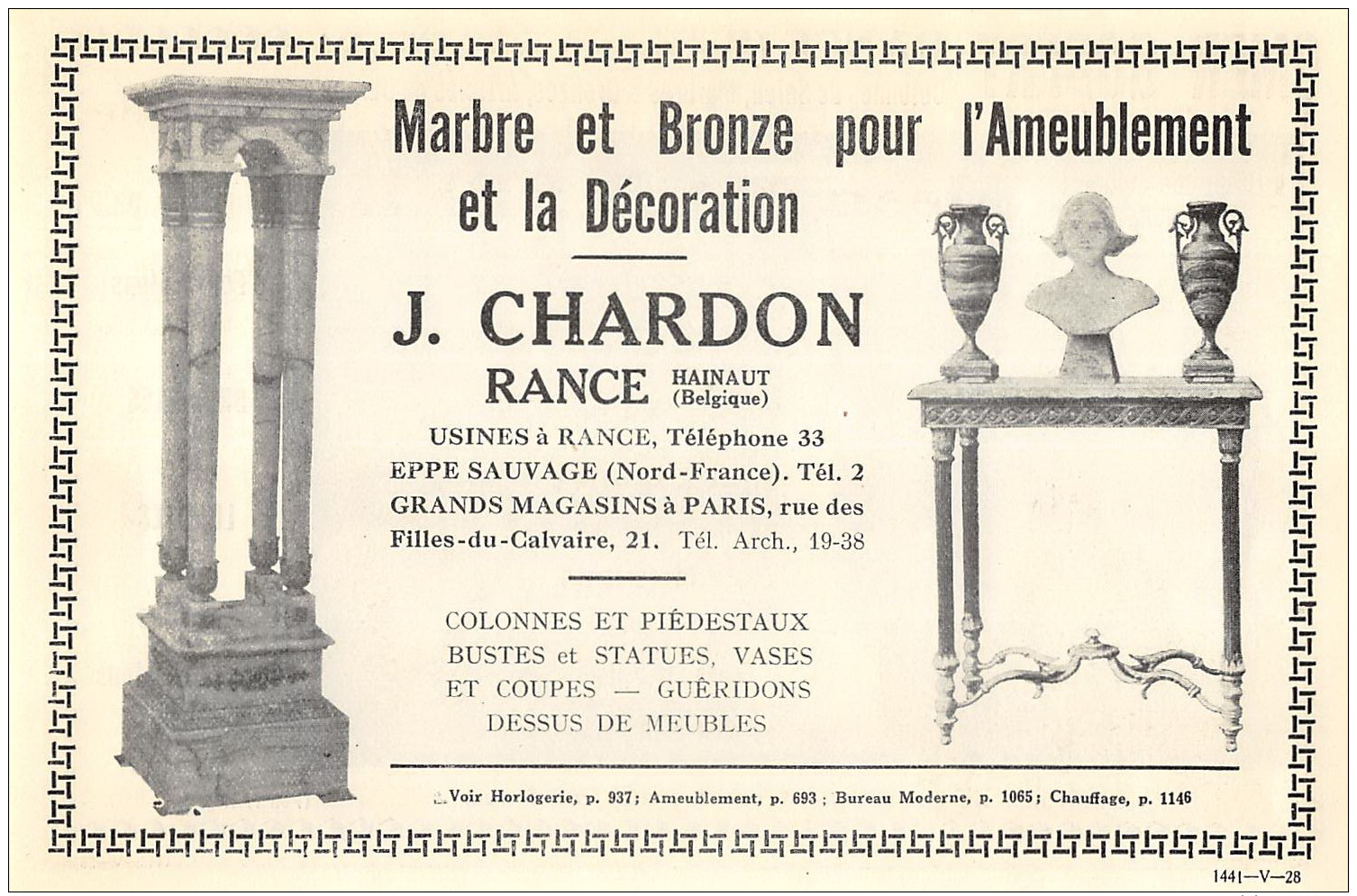 1928 - RANCE - Marbre Et Bronze - J. Chardon  - No Postcard ! - Reclame