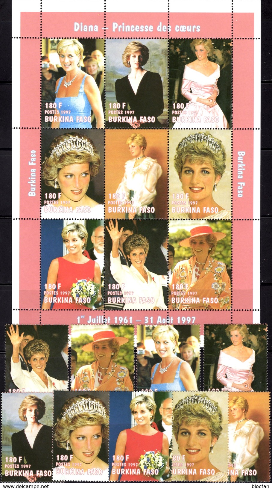 Memorial Diana 1997 Obervolta 1488/6,ZD,KB ** 54&euro; Lady Di Flower Princess Of Wales Bloc M/s Sheetlet Bf Burkina Fas - Burkina Faso (1984-...)