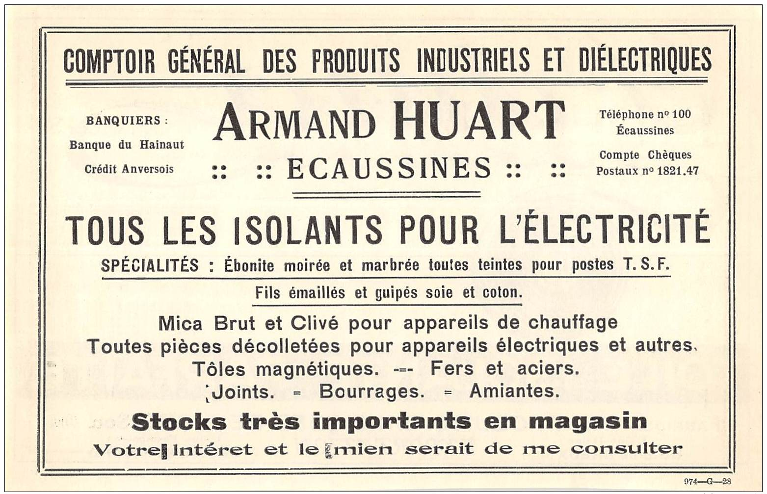 1928 - ECAUSSINES - Produits Industriels Et Diélectriques - Armand Huart - No Postcard - Werbung