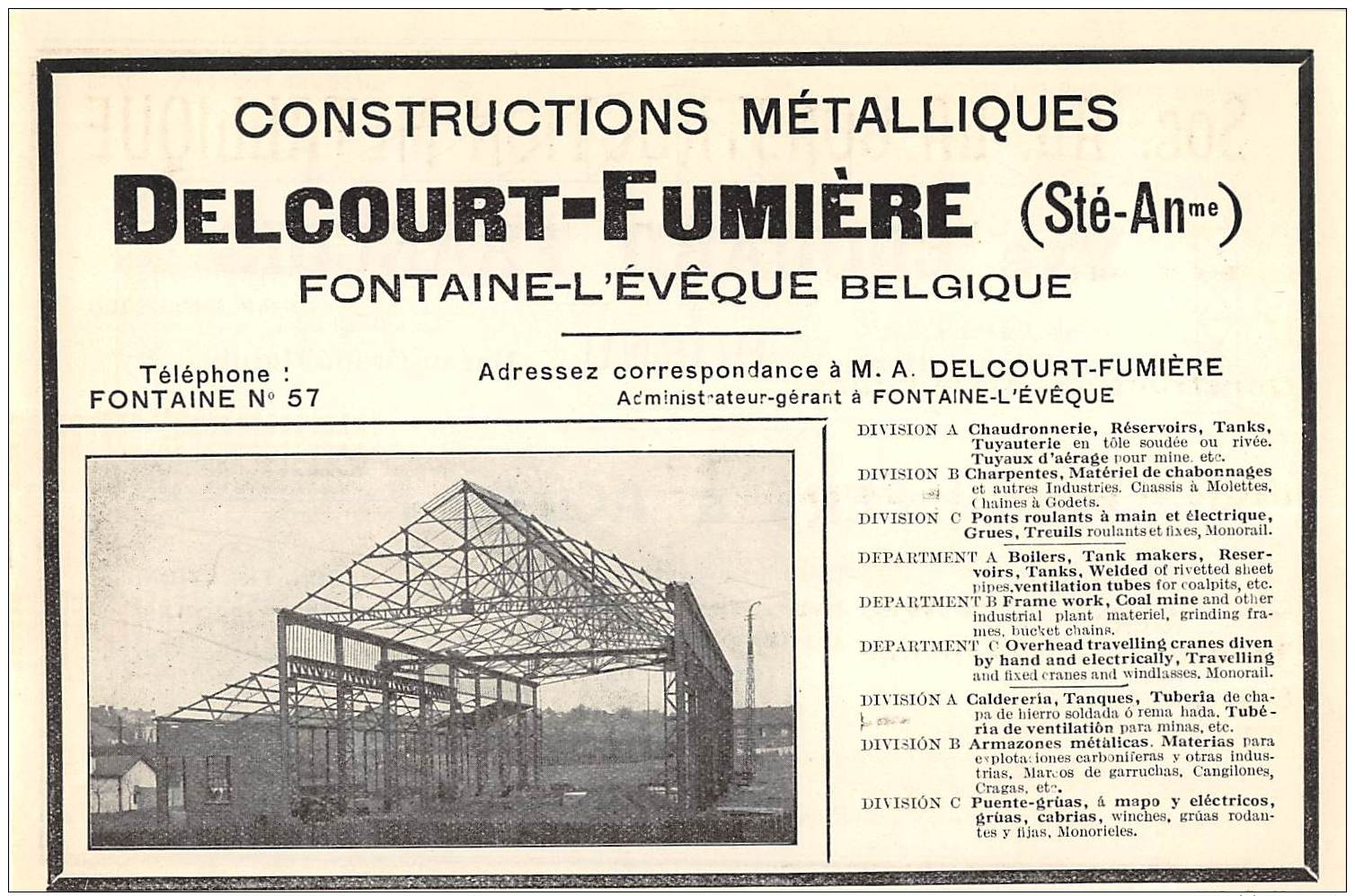 1928 - FONTAINE-L'EVEQUE - Constructions Métalliques - Delcourt-Fumière - No Postcard - Reclame