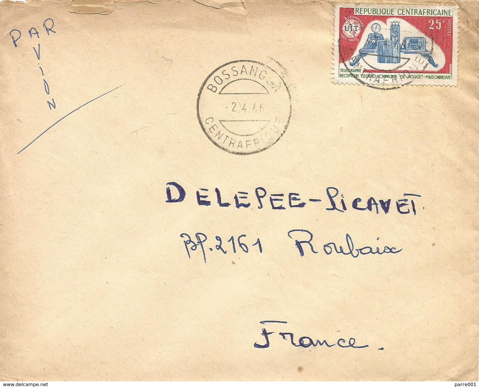 Centrafrique RCA CAR 1966 Bossangoa UIT Telegraph Machine Communications Cover - Centraal-Afrikaanse Republiek