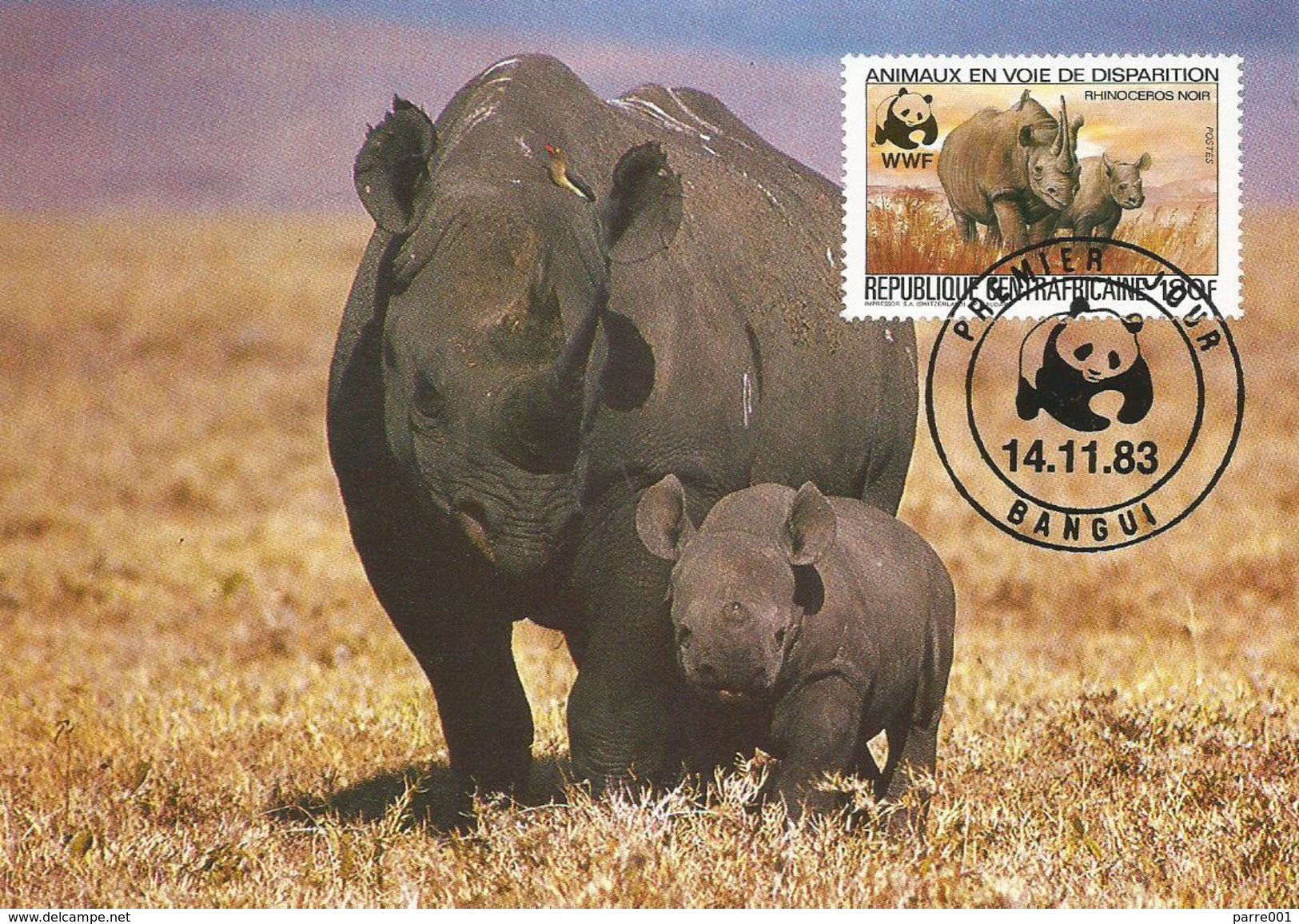 Centrafrique RCA CAR 1983 Bangui Black Rhino (diceros Bicornis) 180f Maxicard - Tarjetas – Máxima