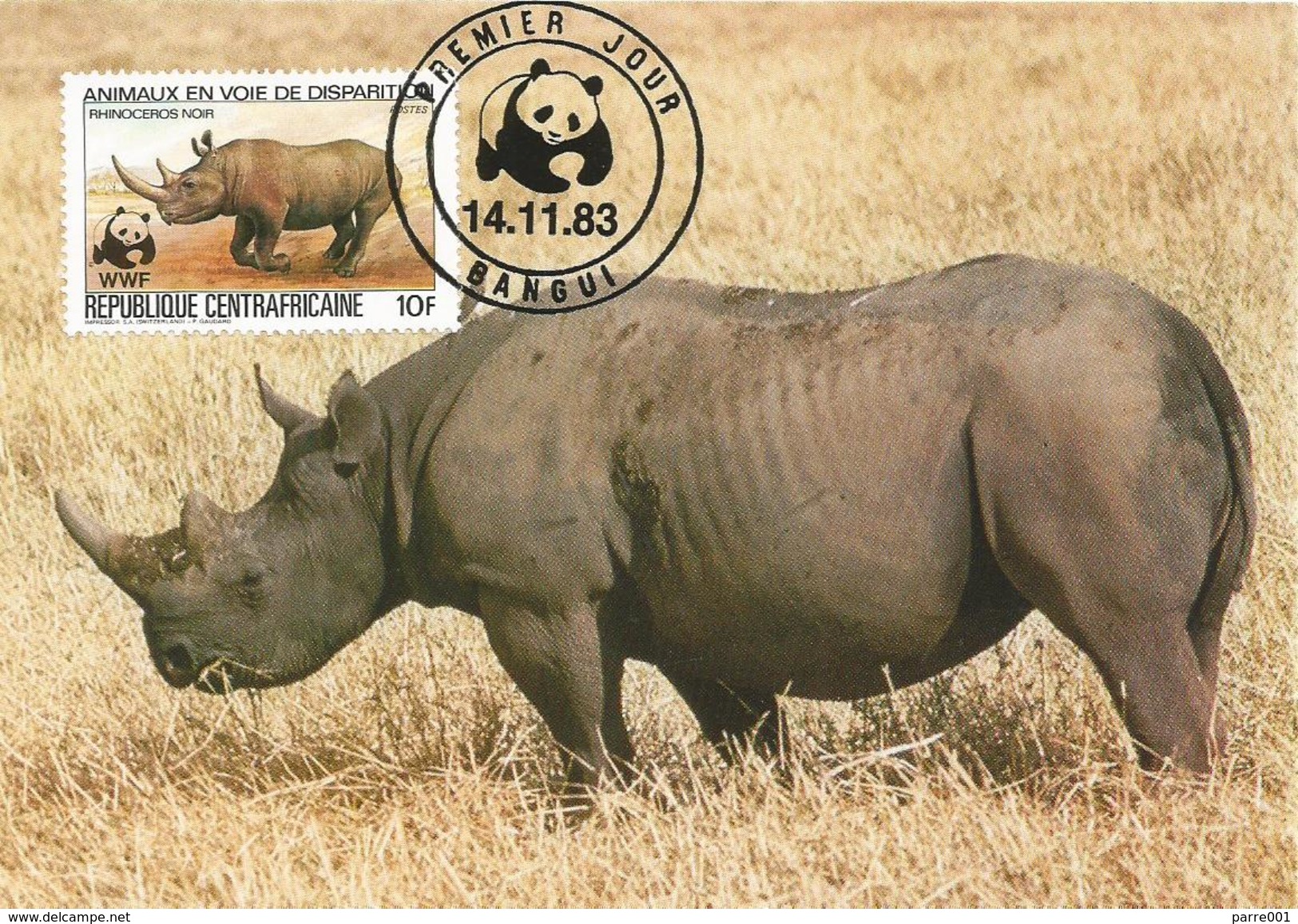 Centrafrique RCA CAR 1983 Bangui Black Rhino (diceros Bicornis) 10f Maxicard - Cartoline Maximum