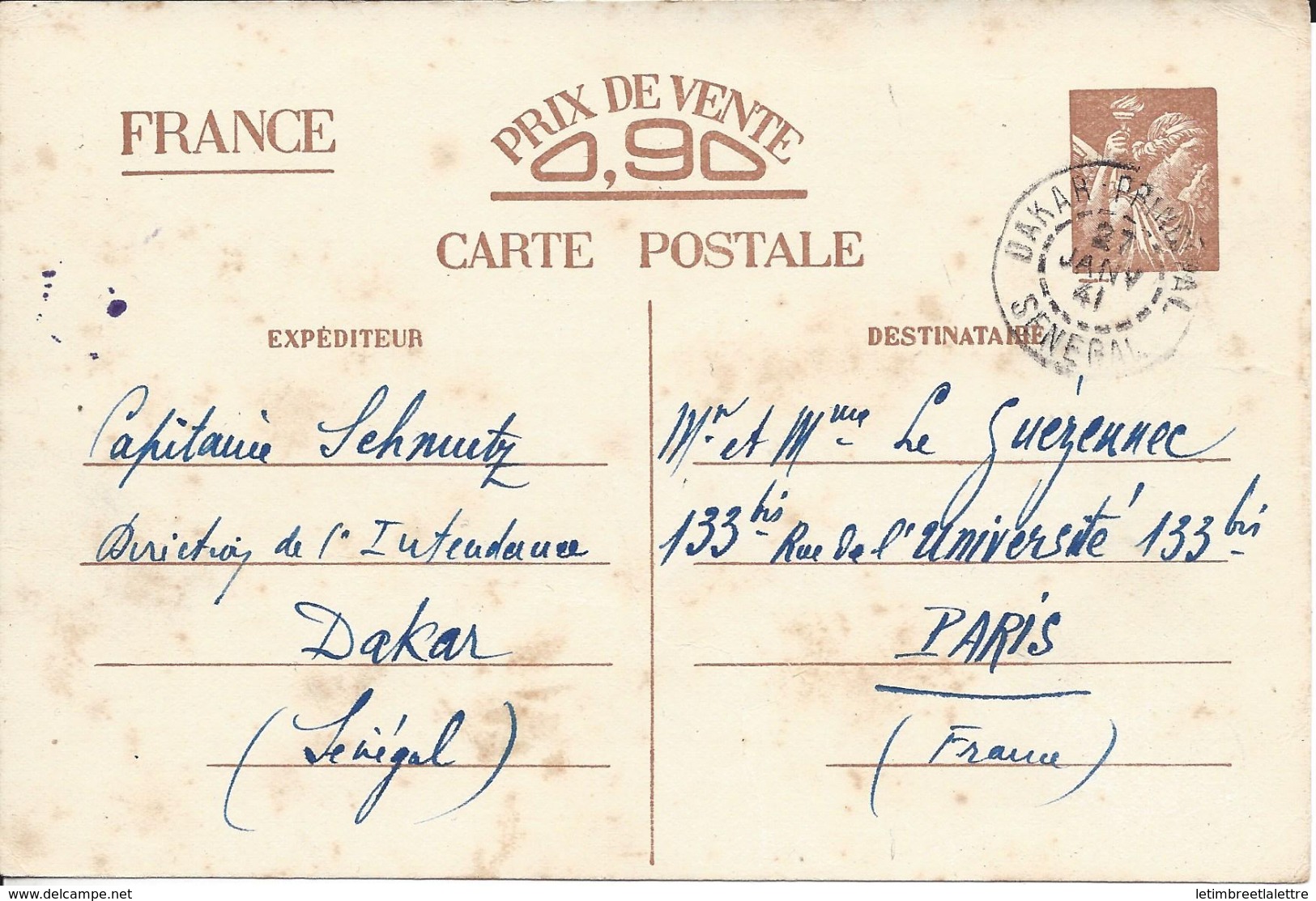 ⭐ France - Entier Postal - Iris - Utilisé à Dakar En Janvier 1941 ⭐ - Covers & Documents