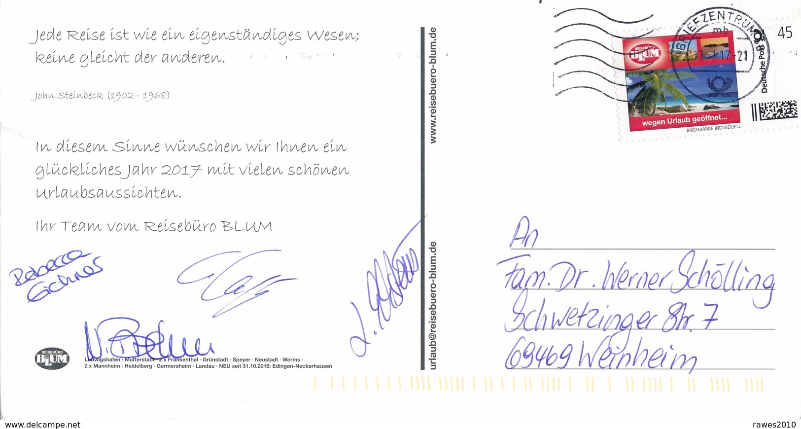 BRD Mannheim 2016 0,45 &euro; Briefmarke Indivuduell Reisebüro Blum Meer Palme Strand TGST BZ 68 2017 - Sonstige & Ohne Zuordnung