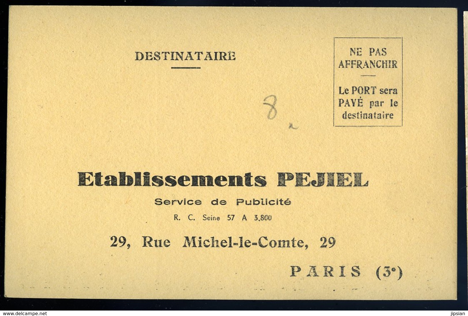 Cpa Carte Publicitaire - établissement Pejiel Paris 3è Service De Publicité     NCL27 - Reclame