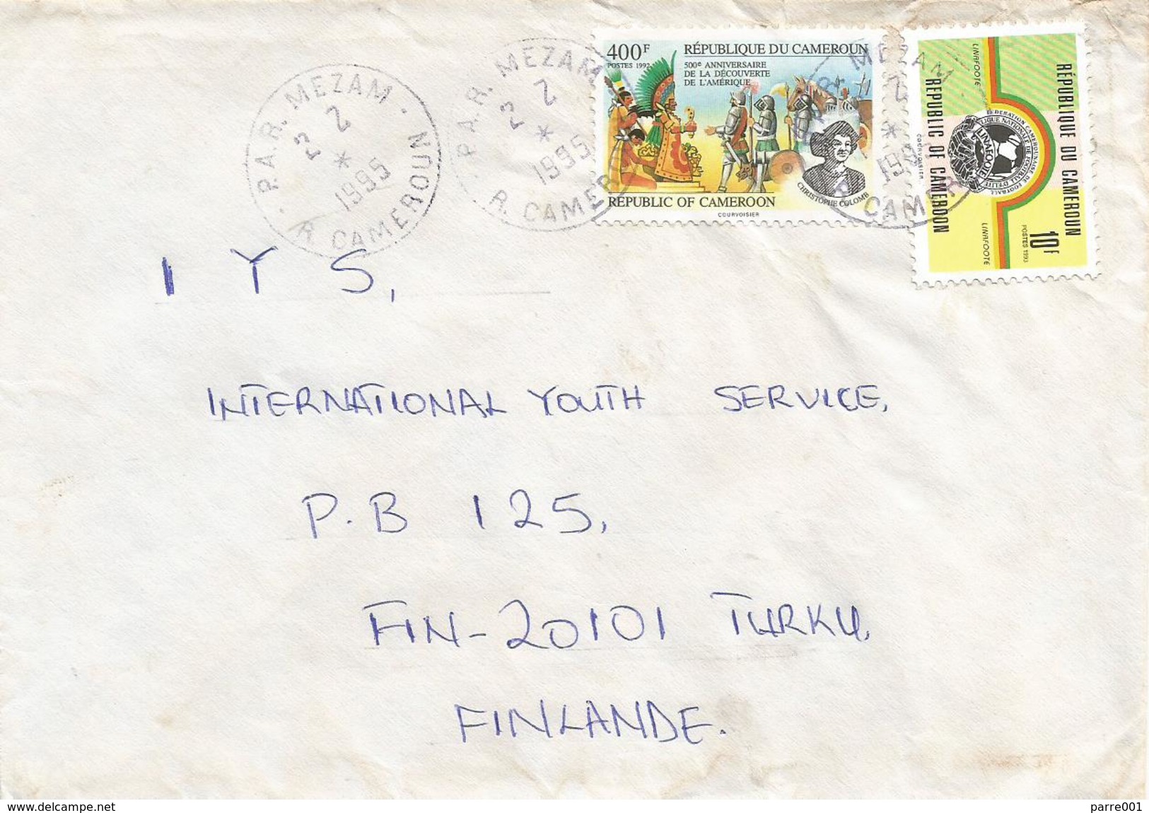 Cameroun Cameroon 1995 PAR Mezam Mobile Post Office Discovery America Football Cover - Kameroen (1960-...)