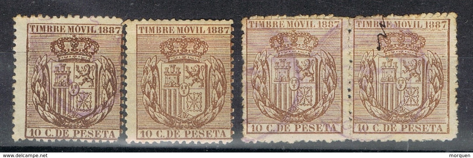 Lote 4 Sellos Timbre Movil 1887, VARIEDADES Color º - Fiscales