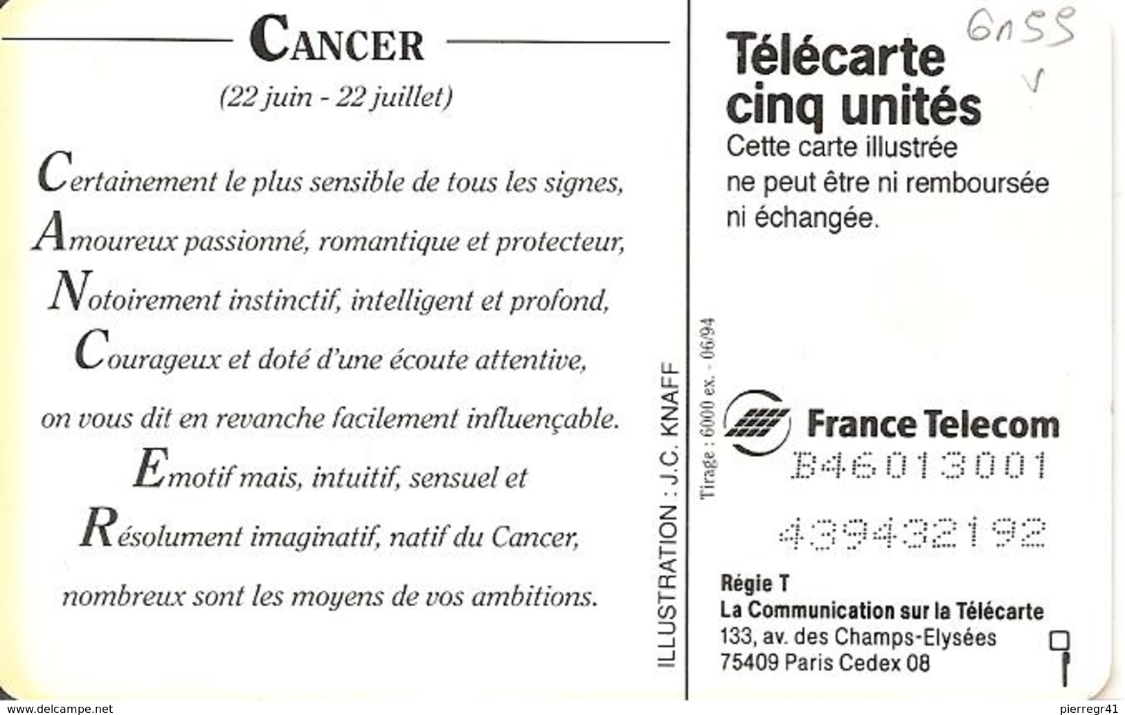 CARTE°-FR-PRIVEE-Gn 55-GEMA-06/94-HOROSCOPE-CANCER-UTILISE- TBE-LUXE - 5 Units