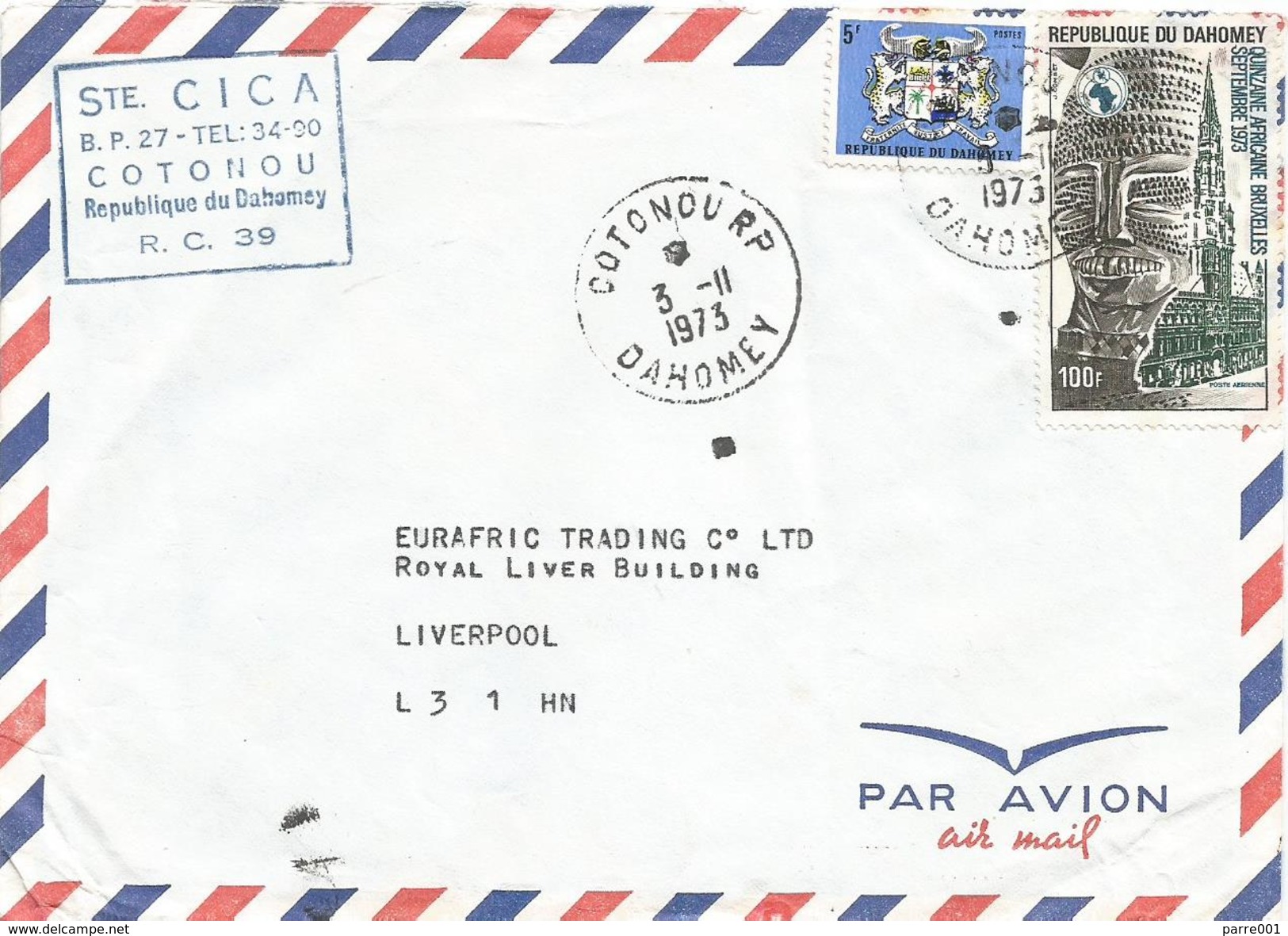 Benin Dahomey 1973 Cotonou RP Mask Hotel De Ville Brussels Armory Cover - Benin – Dahomey (1960-...)