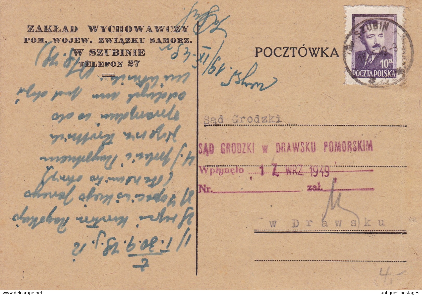 Carte Szubin Drawsko Drawsku Pologne Poland 1949 Zaklad Wychowawczy - Briefe U. Dokumente