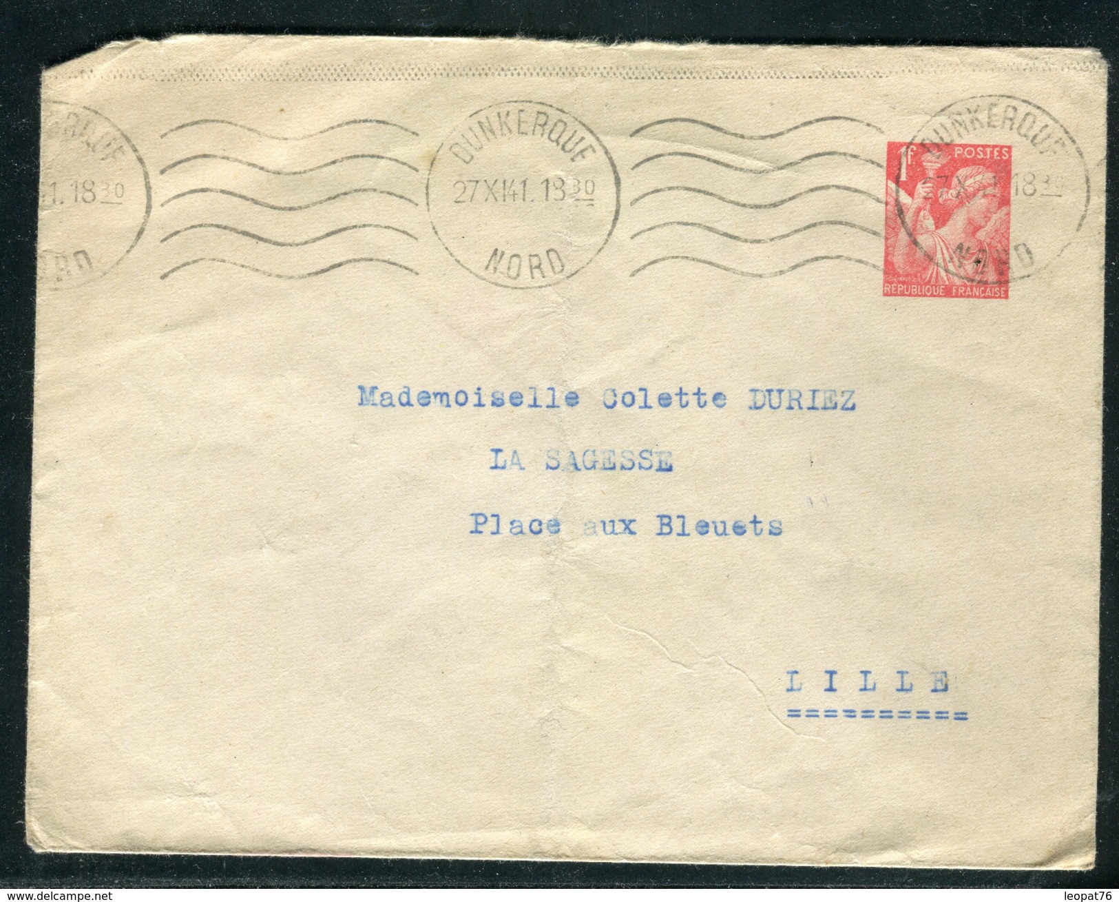 France - Entier Postal Type Iris De Dunkerque Pour Lille En 1941 Réf J64 - Standard Covers & Stamped On Demand (before 1995)