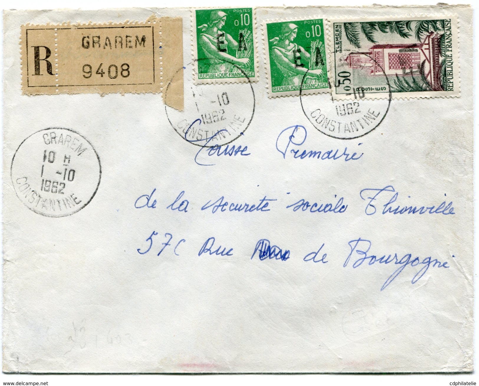 ALGERIE LETTRE RECOMMANDEE DEPART GRAREM 1-10-1962 CONSTANTINE POUR LA FRANCE - Covers & Documents