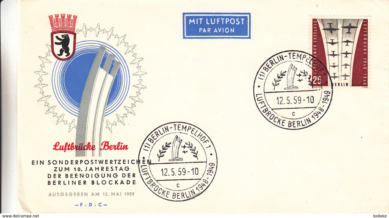 Berlin - Lettre De 1959 - Oblitération Berlin Tempelhof - Luftbrücke Berlin - Valeur 16 Euros - Storia Postale