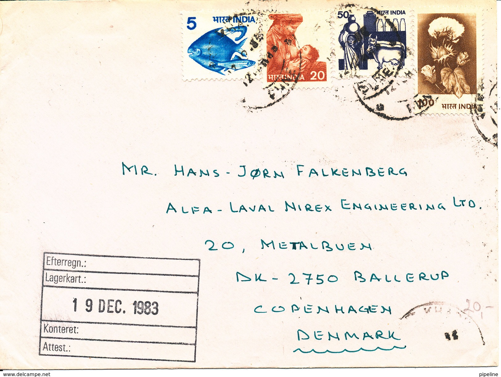 India Cover Sent Air Mail To Denmark 1983 - Covers & Documents