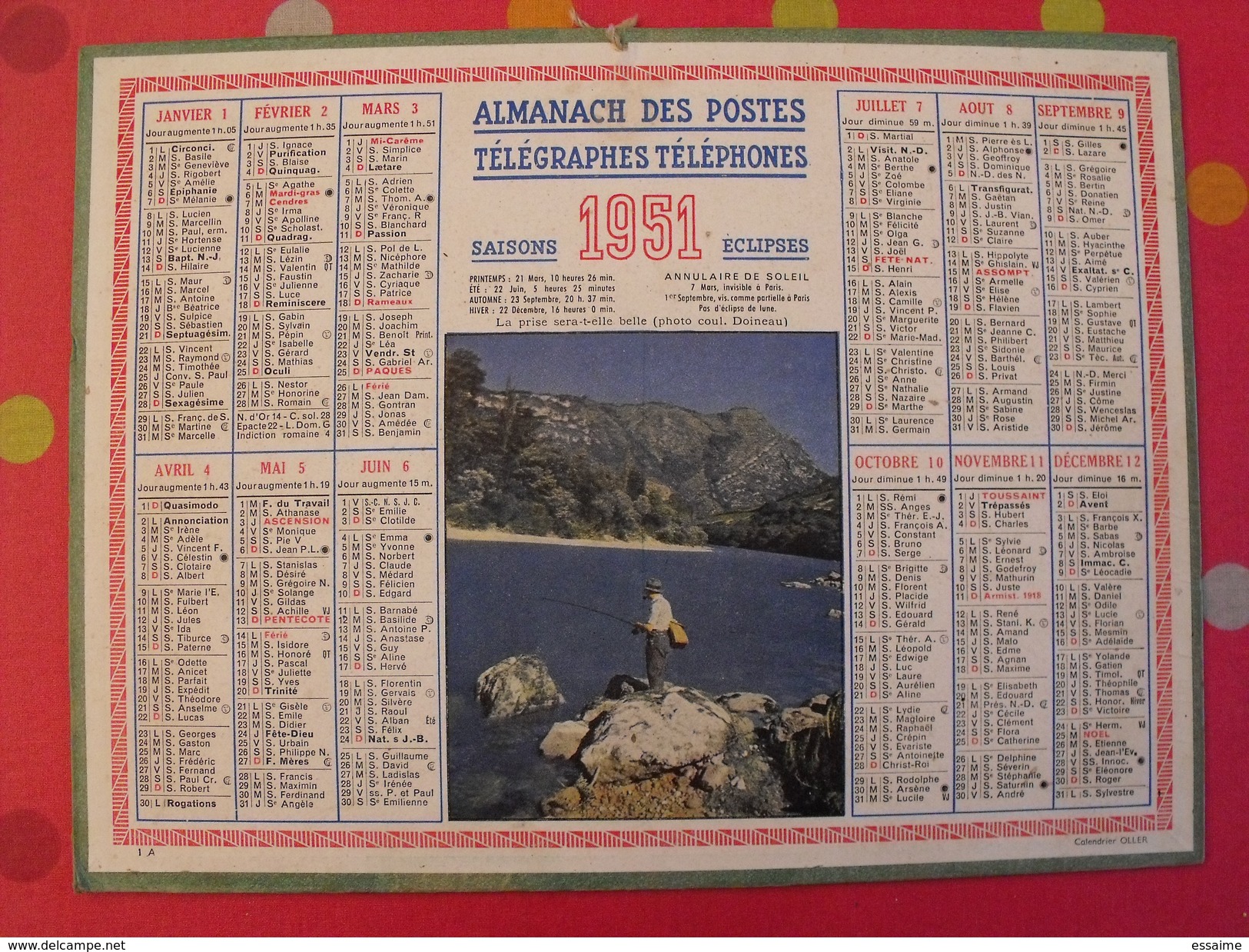 Almanach Des PTT. 1951. . Calendrier Poste, Postes Télégraphes.. Pêche - Formato Grande : 1941-60