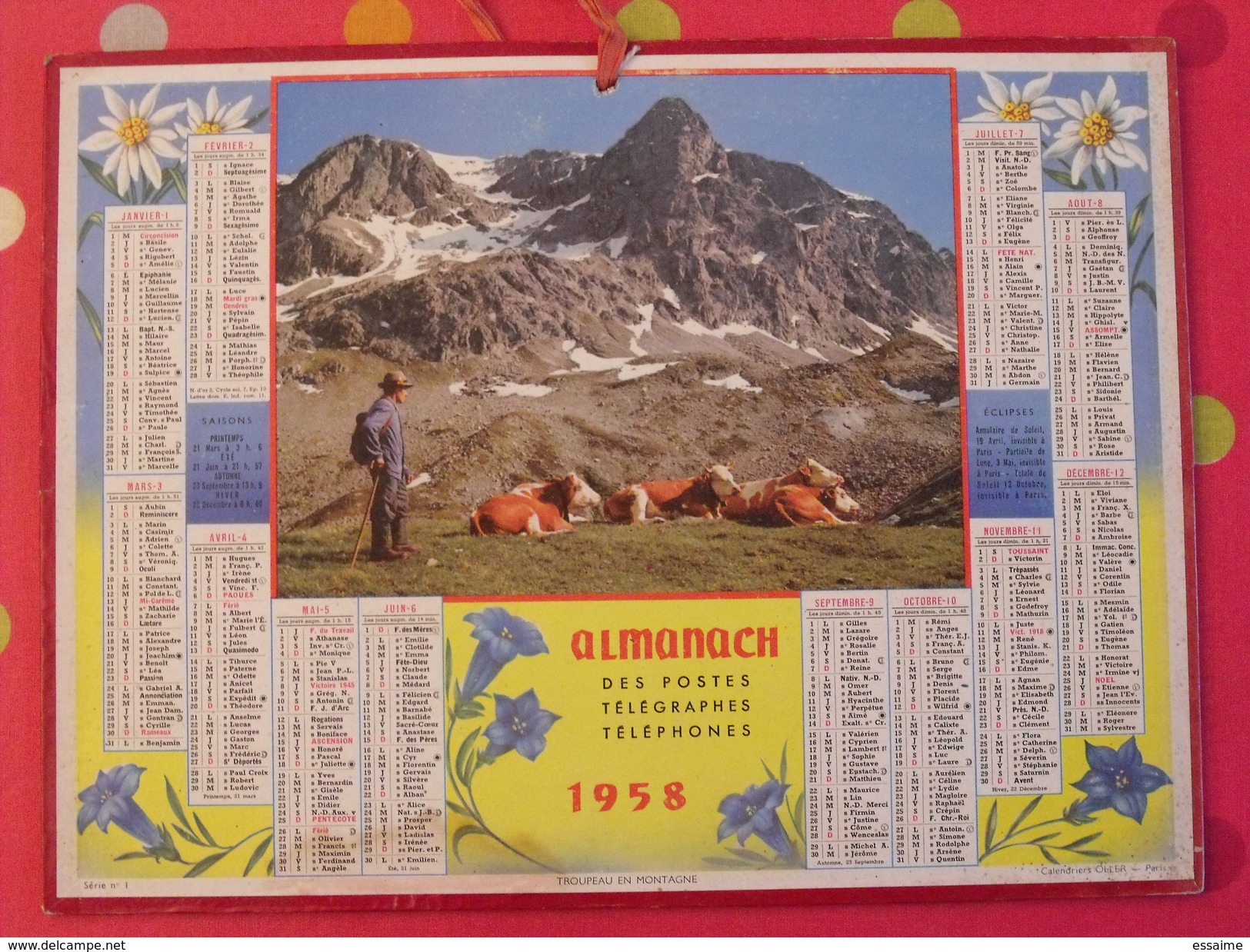 Almanach Des PTT. 1958. Calendrier Poste, Postes Télégraphes.. Montagne Paturage Vache - Grossformat : 1941-60