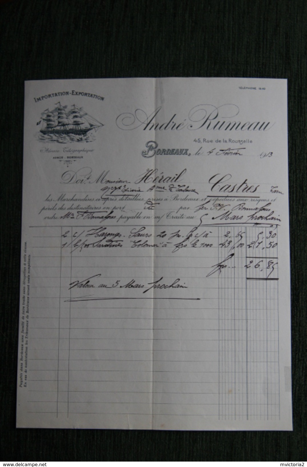 Facture Ancienne - BORDEAUX - Importation Et Exportation André RUMEAU - 1900 – 1949