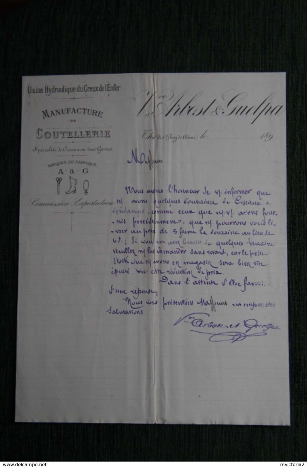 Lettre Ancienne - THIERS - Manufacture De Coutellerie , ARBOST Et GUELPA - 1800 – 1899